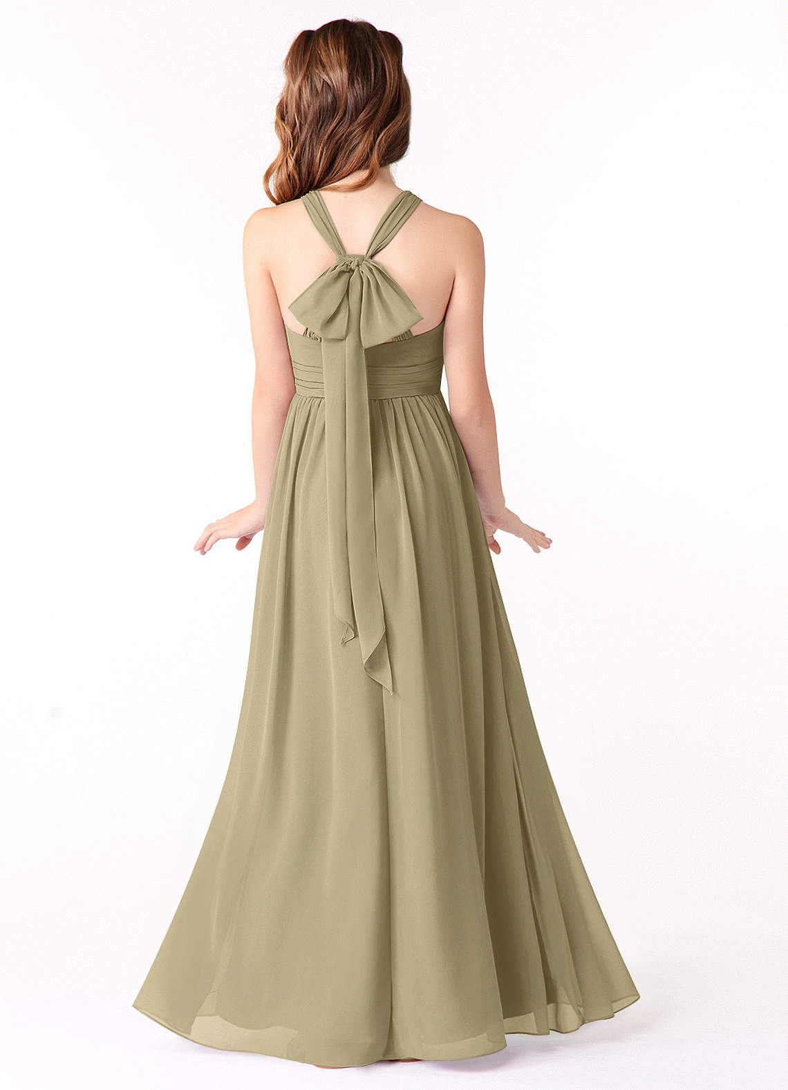 Azazie Jaylah Junior Moss Green A-Line Ruched Chiffon Dress image1