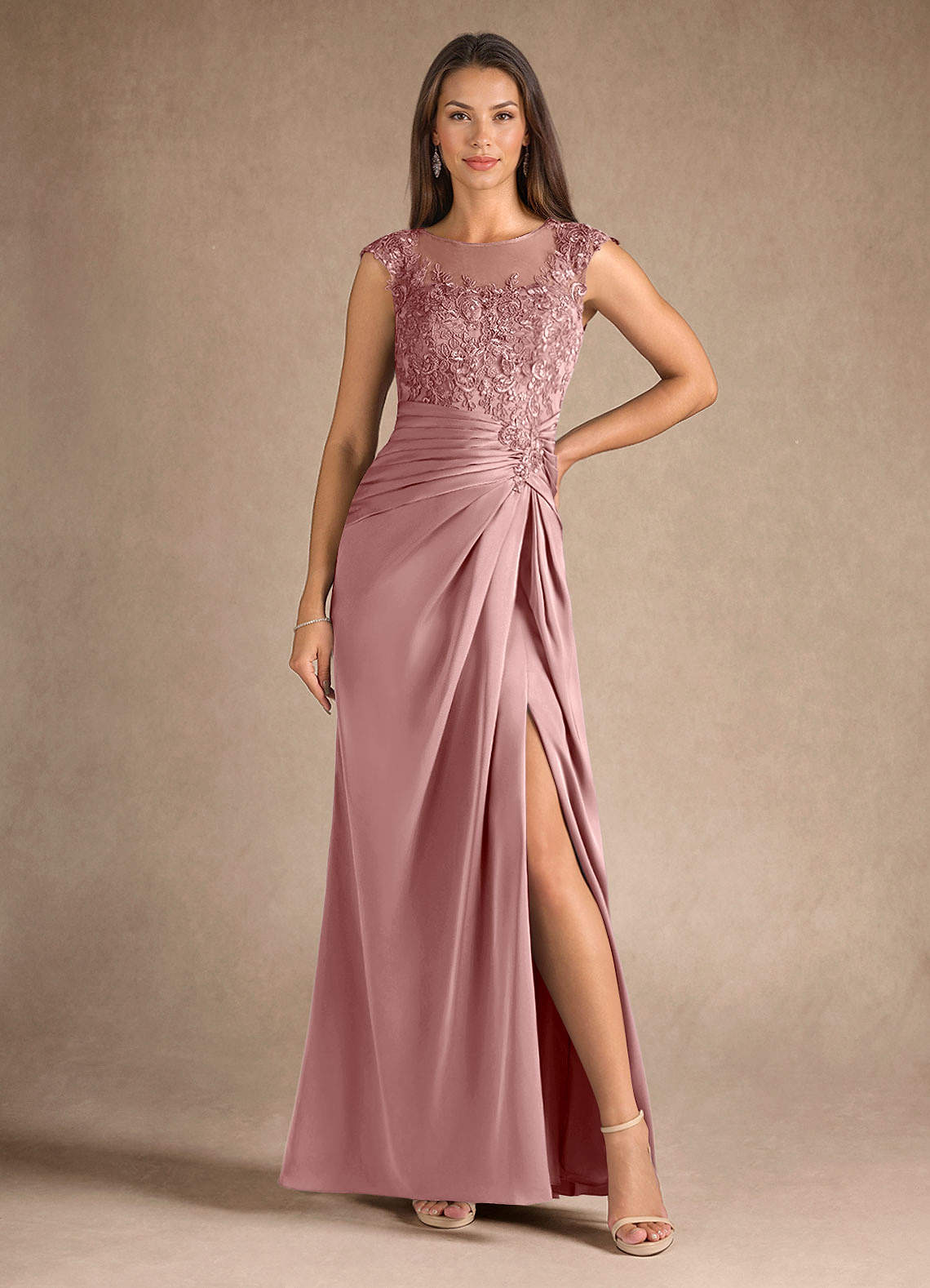 Azazie Santa Barbara Mother of the Bride Dresses Dusty Rose Sheath Pleated Stretch Satin Dress image4