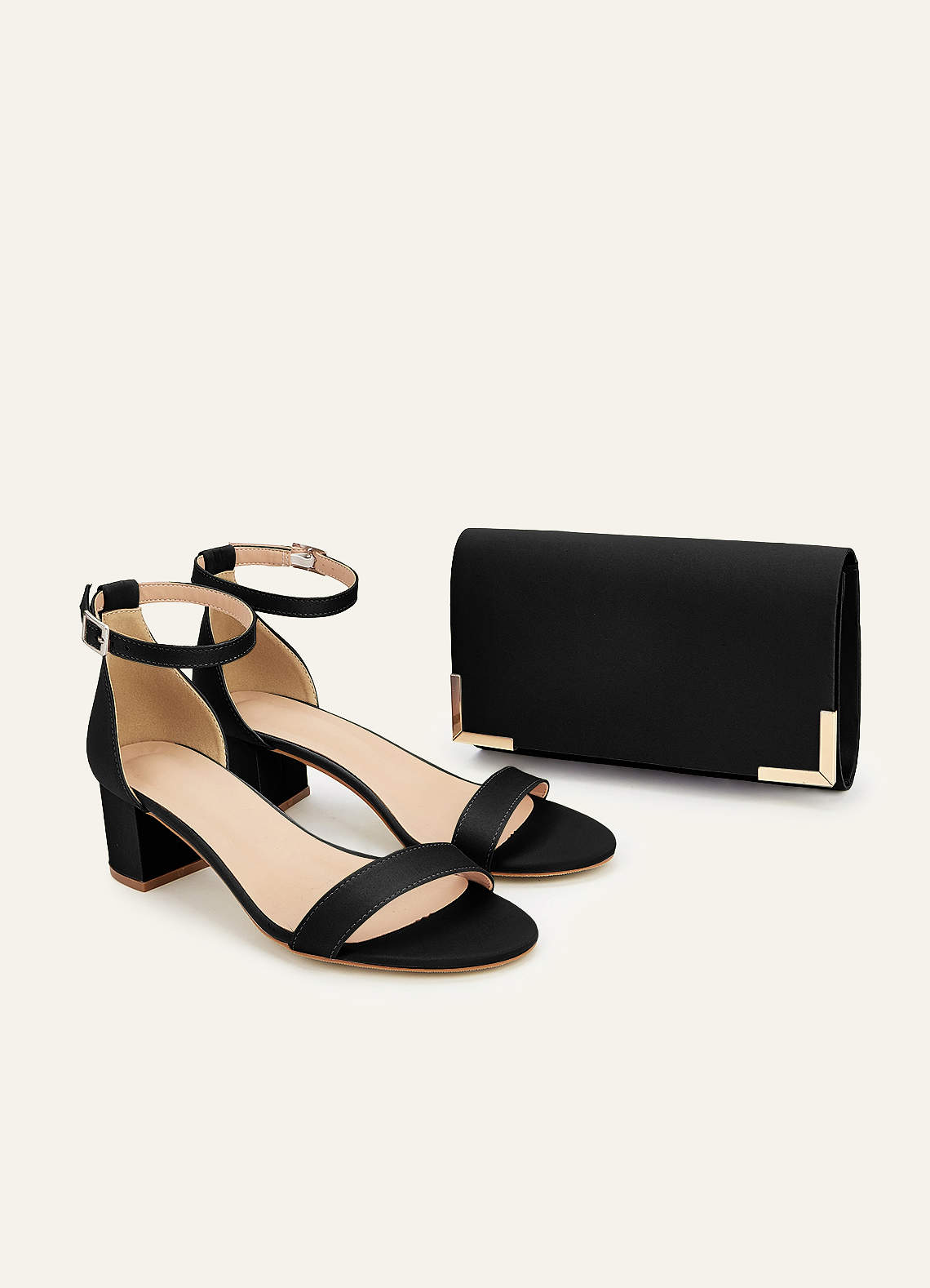 front Matching Color Matte Satin Block Heel Sandals & Envelope Clutch Set