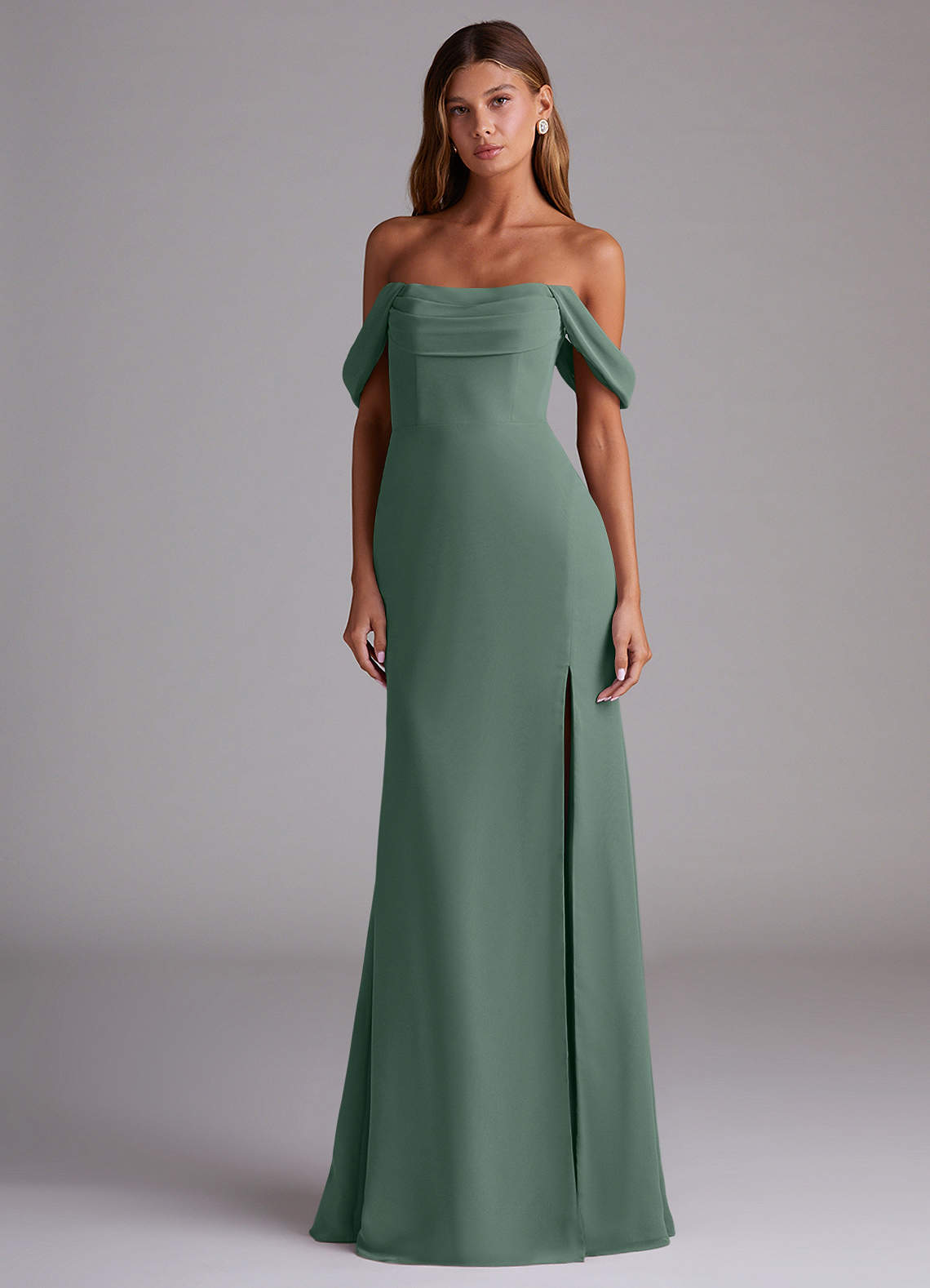 Azazie Saige Bridesmaid Dresses Eucalyptus A-Line Off the Shoulder Chiffon Convertible Dress image2