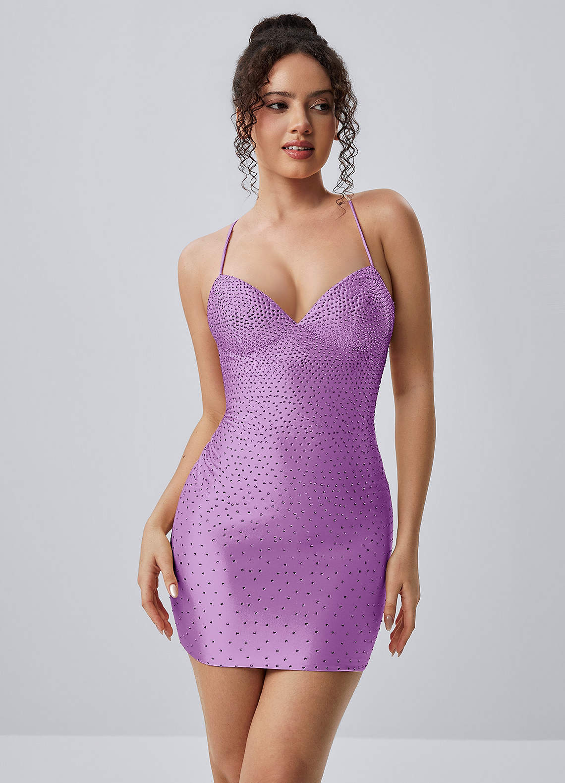 purple stretch satin bodycon mini dress Saliris Rhinestone Open Back Lace-Up COLOR:Lavender Ideal for homecoming or xx3Dec25pm_prmgrl Hot Pink Little Girls
