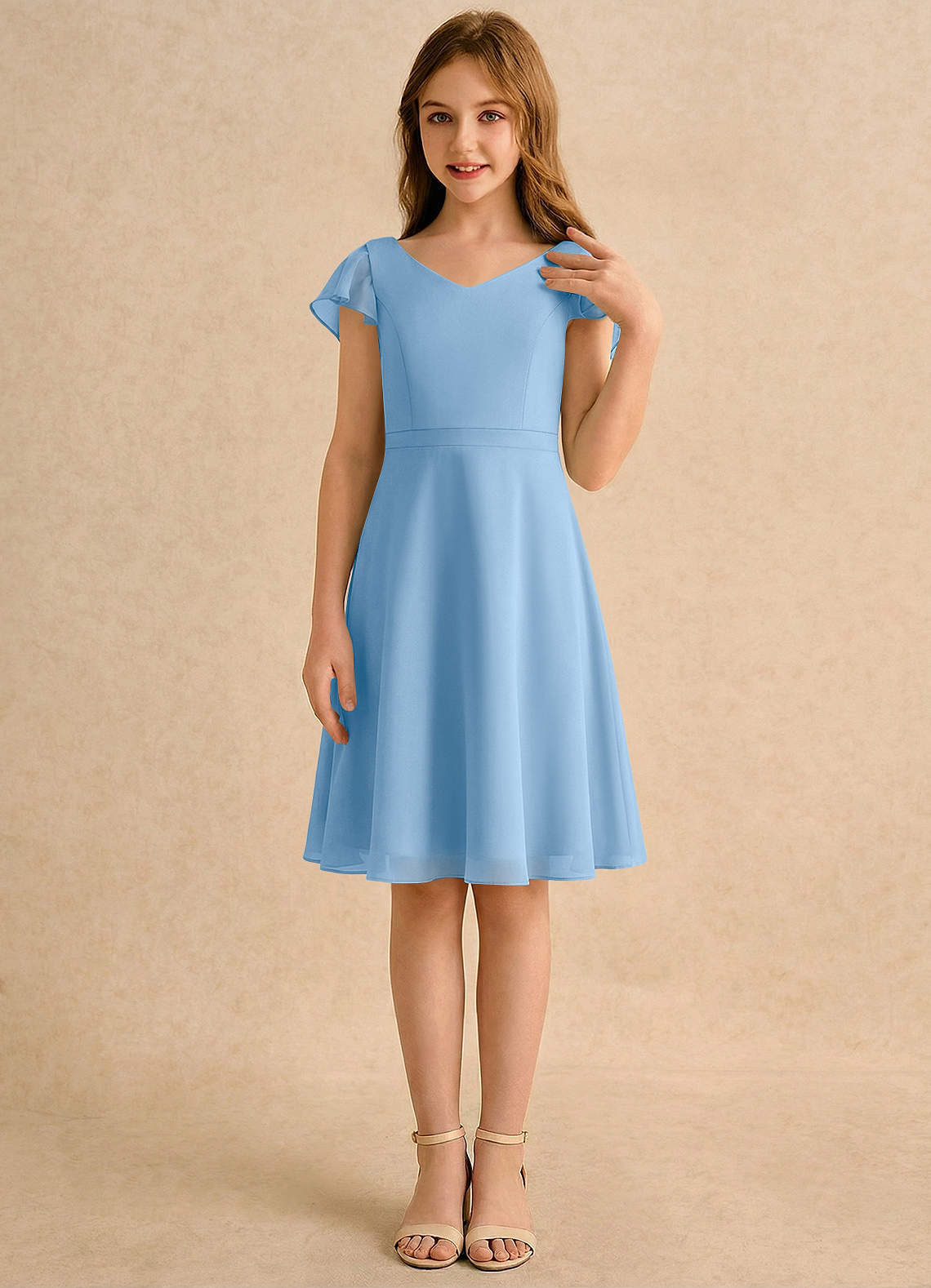 Azazie Narin Girls Formal Flower Girl Dresses Powder Blue A-Line with Sleeves Chiffon Dress image3
