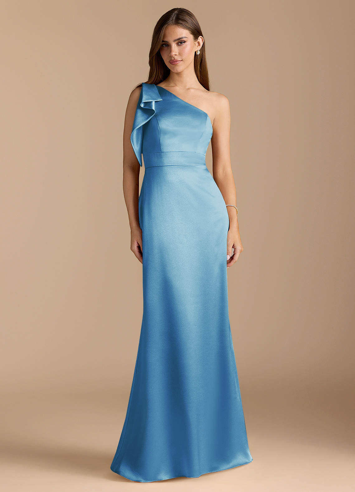 Azazie Rinna Bridesmaid Dresses Steel Blue Mermaid Ruched Metallic Satin Dress image1
