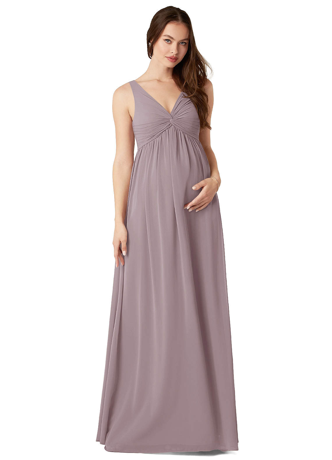 Azazie Yetta Maternity Bridesmaid Dresses A-Line V-Neck Gathered Chiffon Floor-Length Dress image1