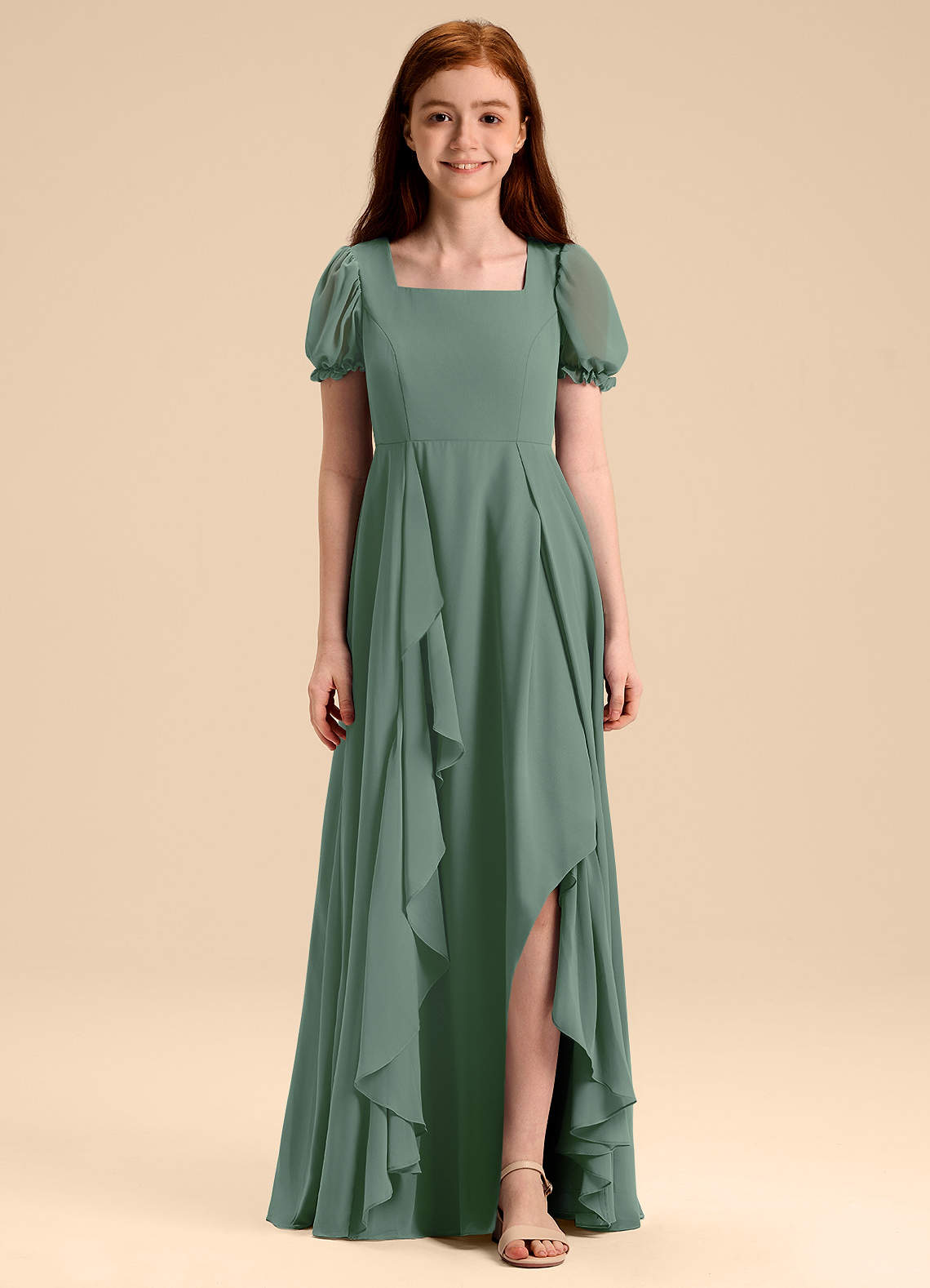 Azazie Priya Junior Robe Trapèze en Mousseline de soie Blouson Eucalyptus image2