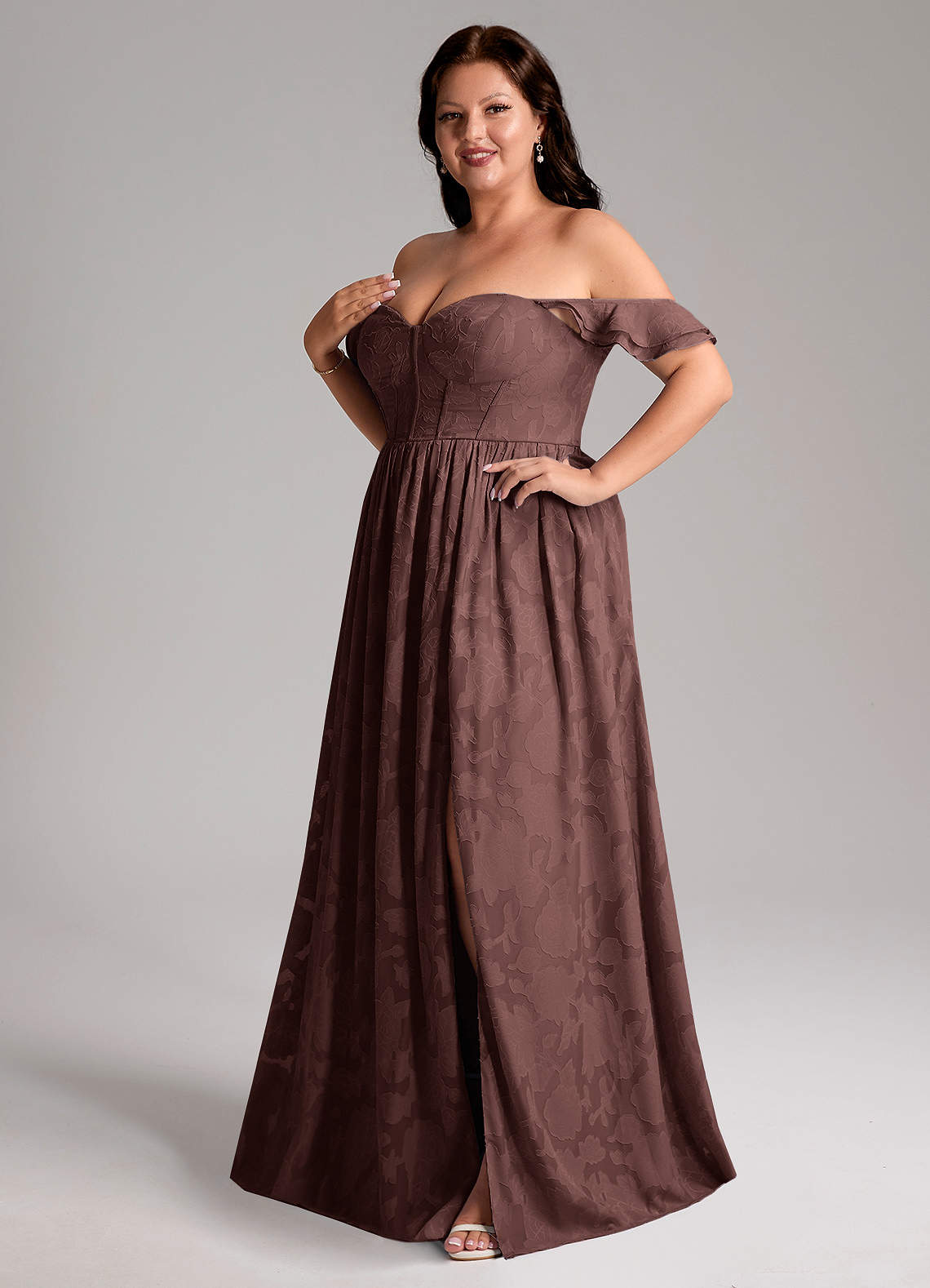 Azazie Denisse Vestidos de madrinha de casamento Vestido Café Expresso de Esgotamento Floral de Linha A com Ruched image10