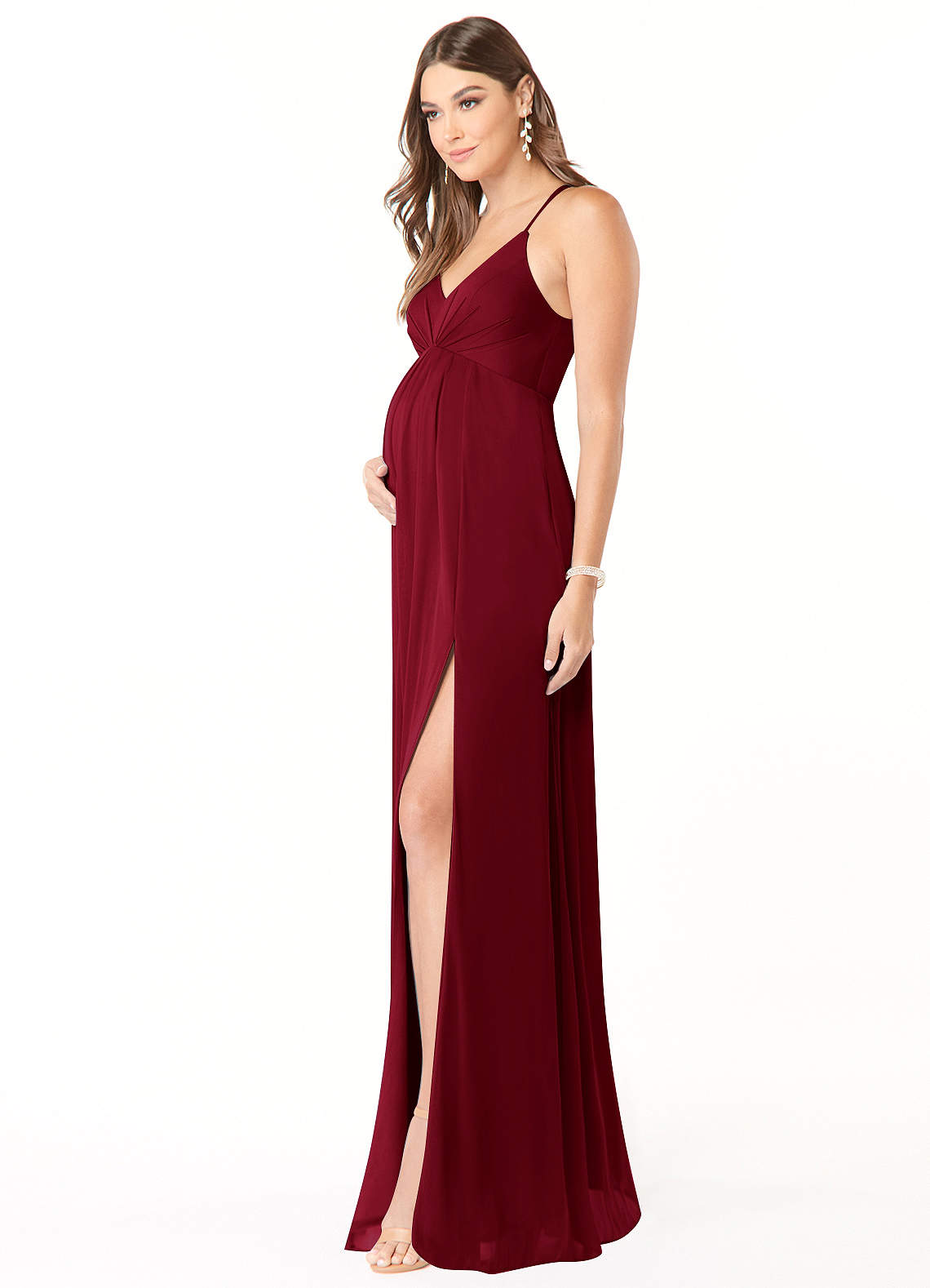 Azazie Annabelle vestidos de dama de honor de maternidad Vestido de Corte En A Cuello en V plisado Hasta el suelo Malla image3