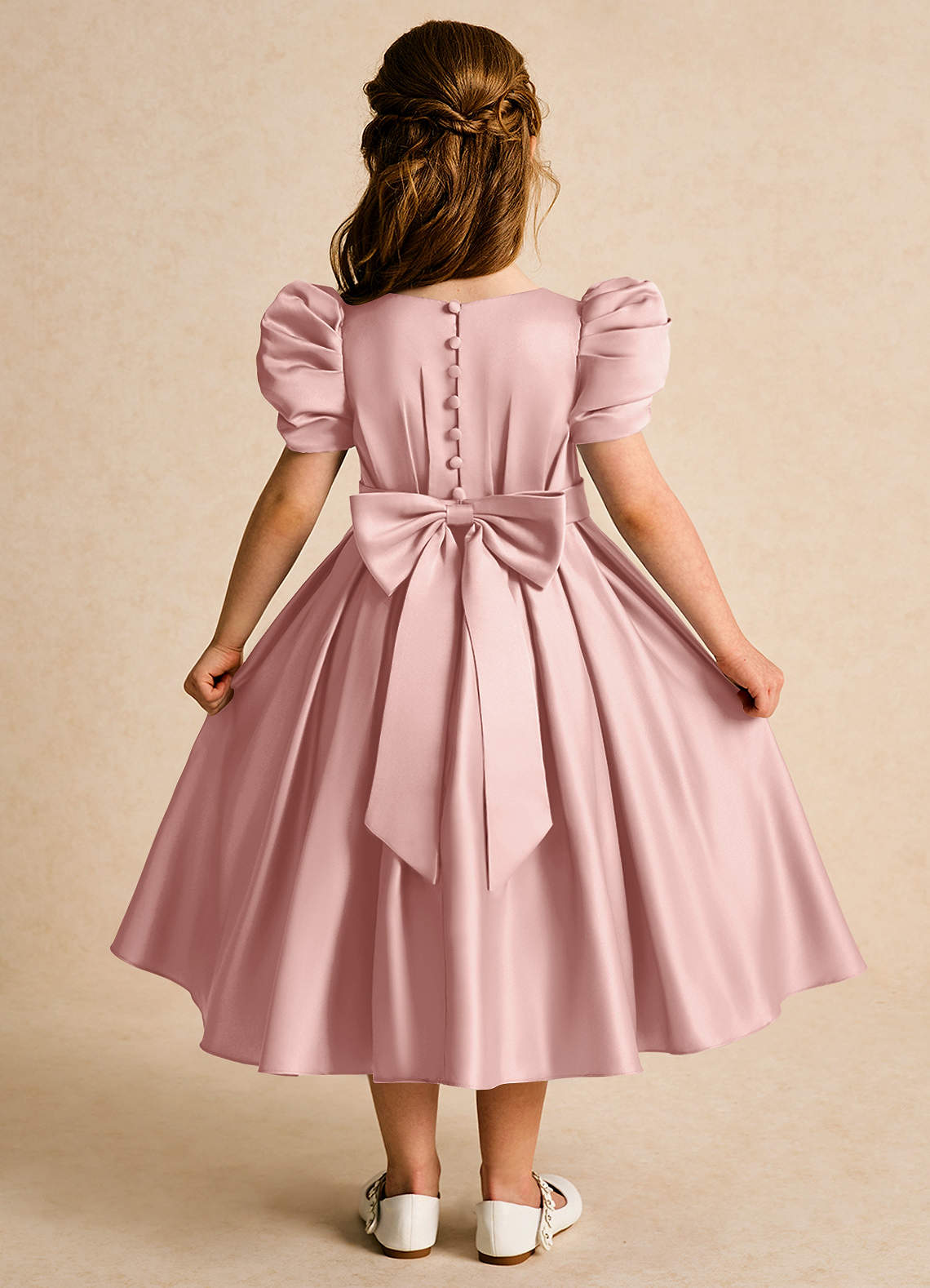 Azazie Miriam Flower Girl Dresses Rose Gold Ball-Gown Pleated Matte Satin Dress image1