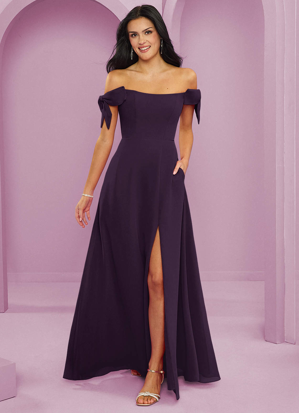 Barbie ♥ Azazie Bridesmaid Dresses Plum A-Line Off the Shoulder Chiffon Convertible Dress image1