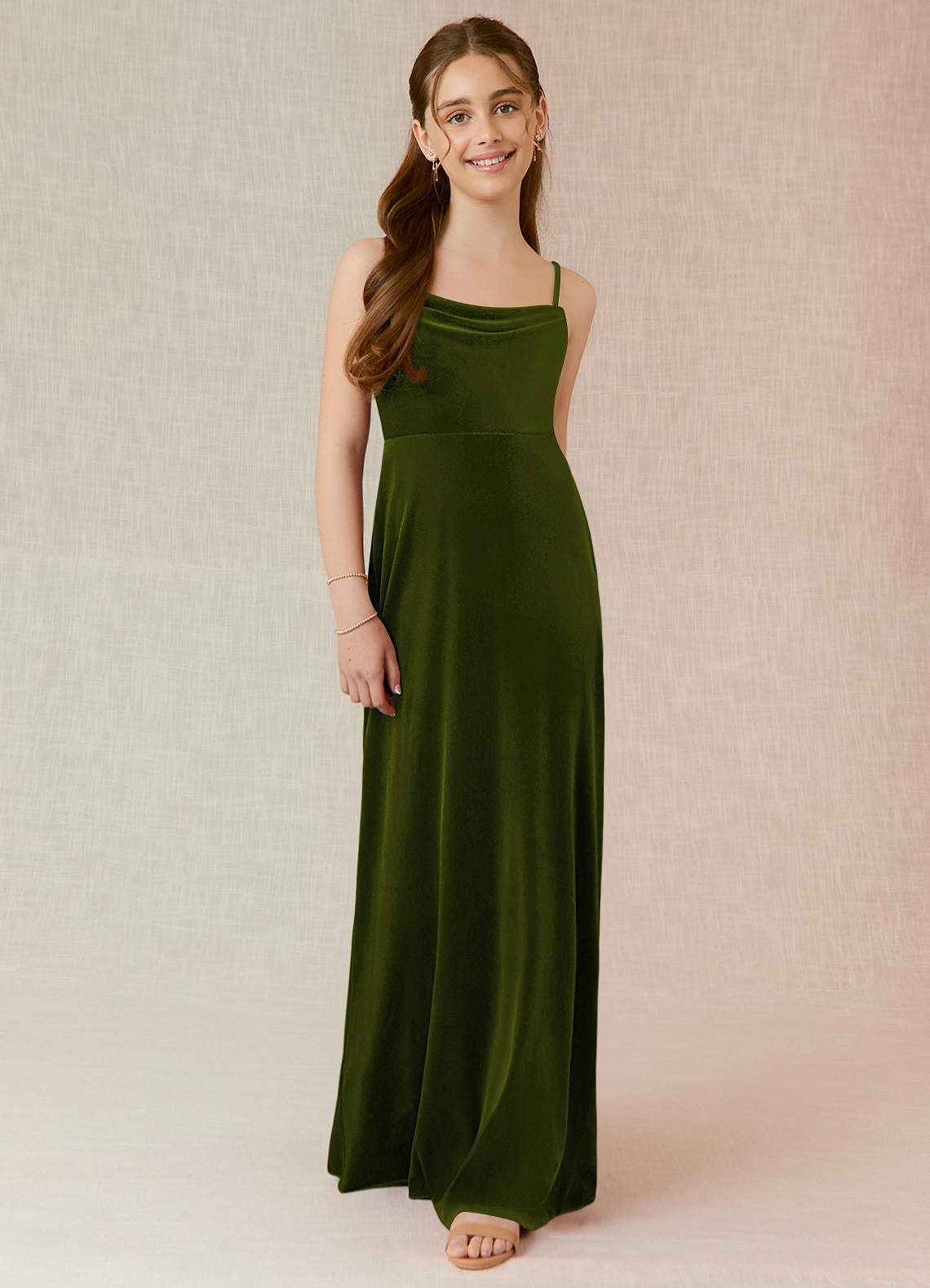 Azazie Solange Junior Olive A-Line Velvet Dress image1