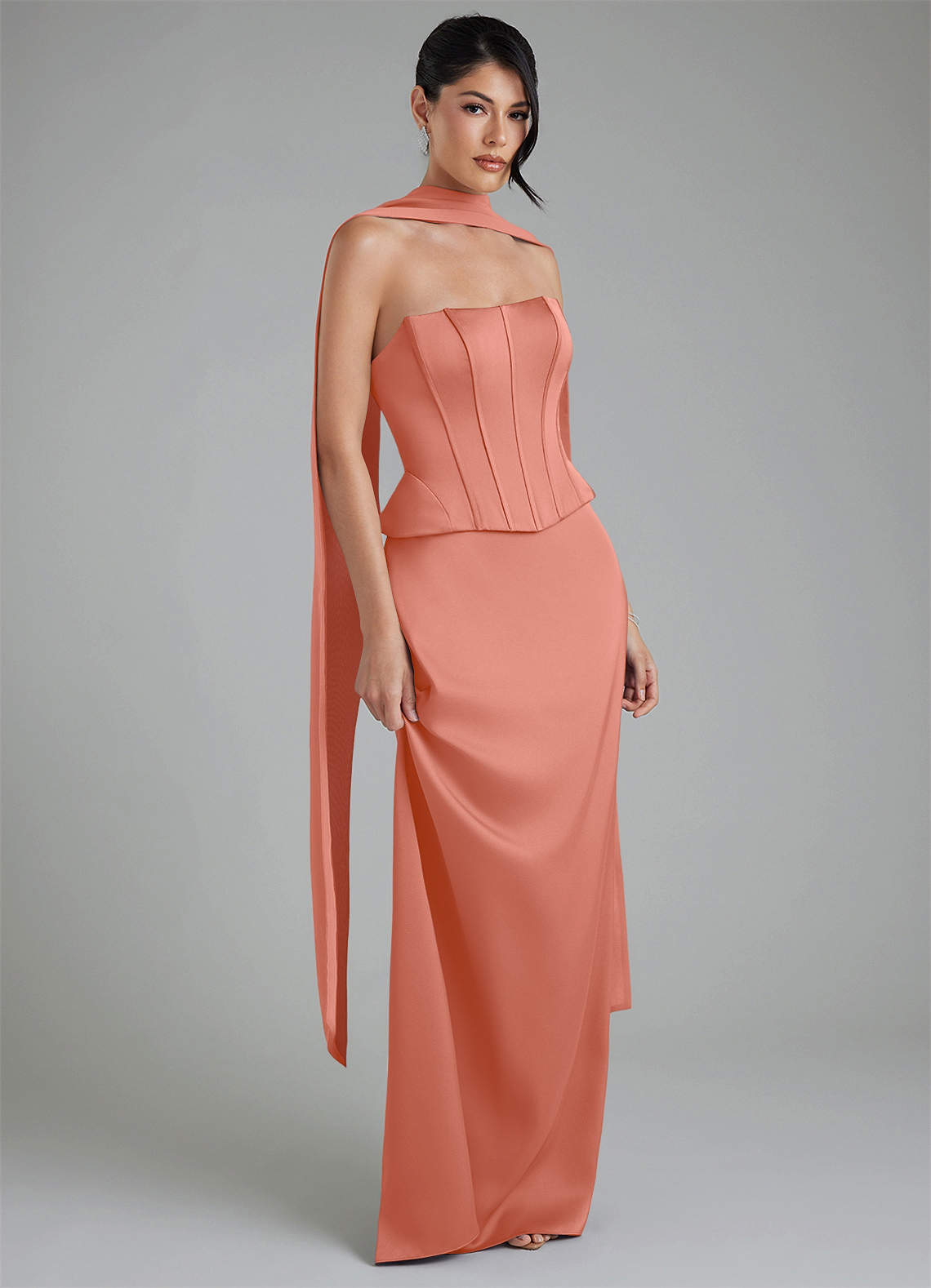 salmon colored bridesmaid dresses Azazie River Salmon Pink Stretch Satin Bridesmaid Dresses