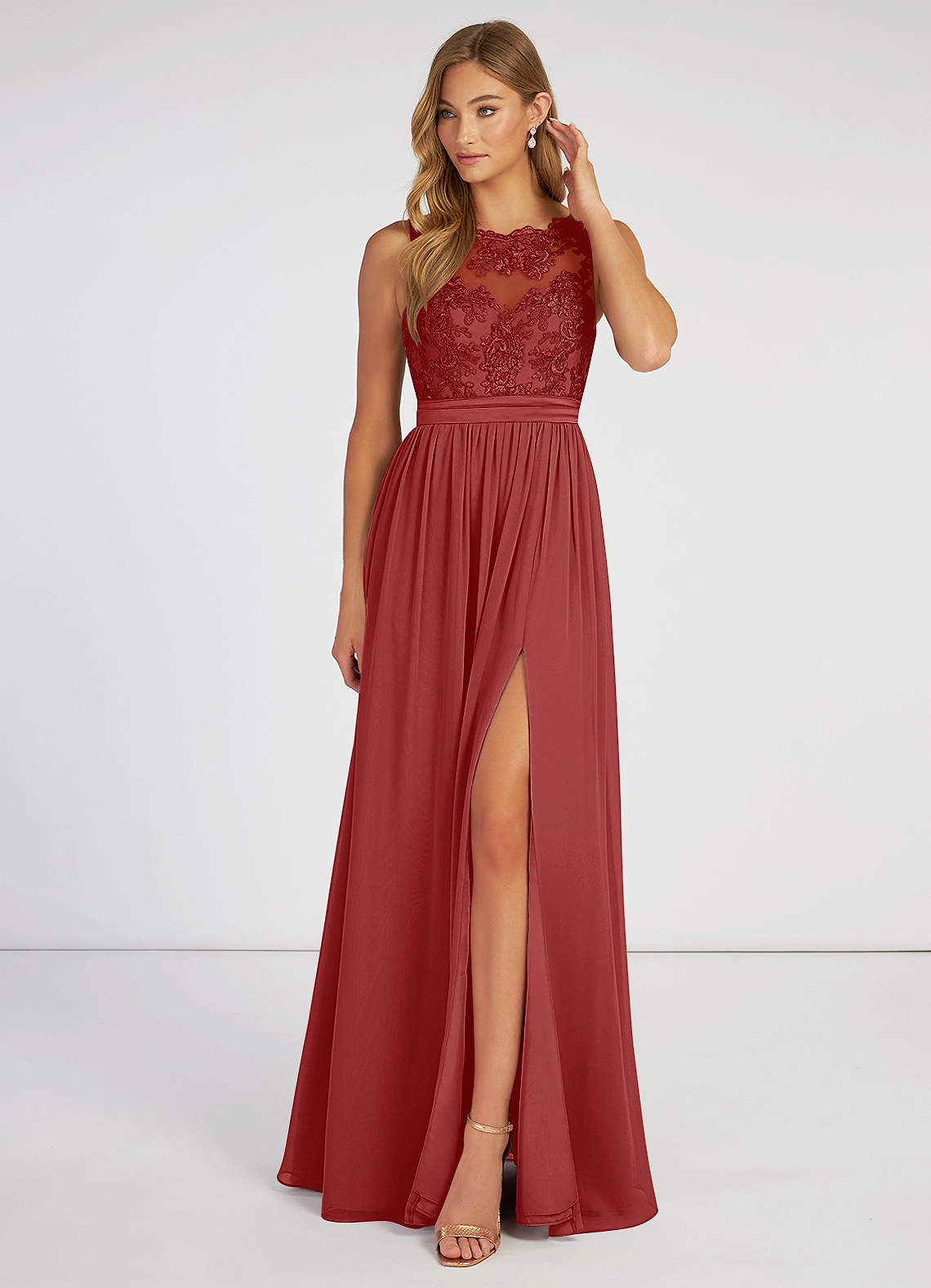 Elly Rust A-Line Lace Scoop Neck Chiffon Dress image1