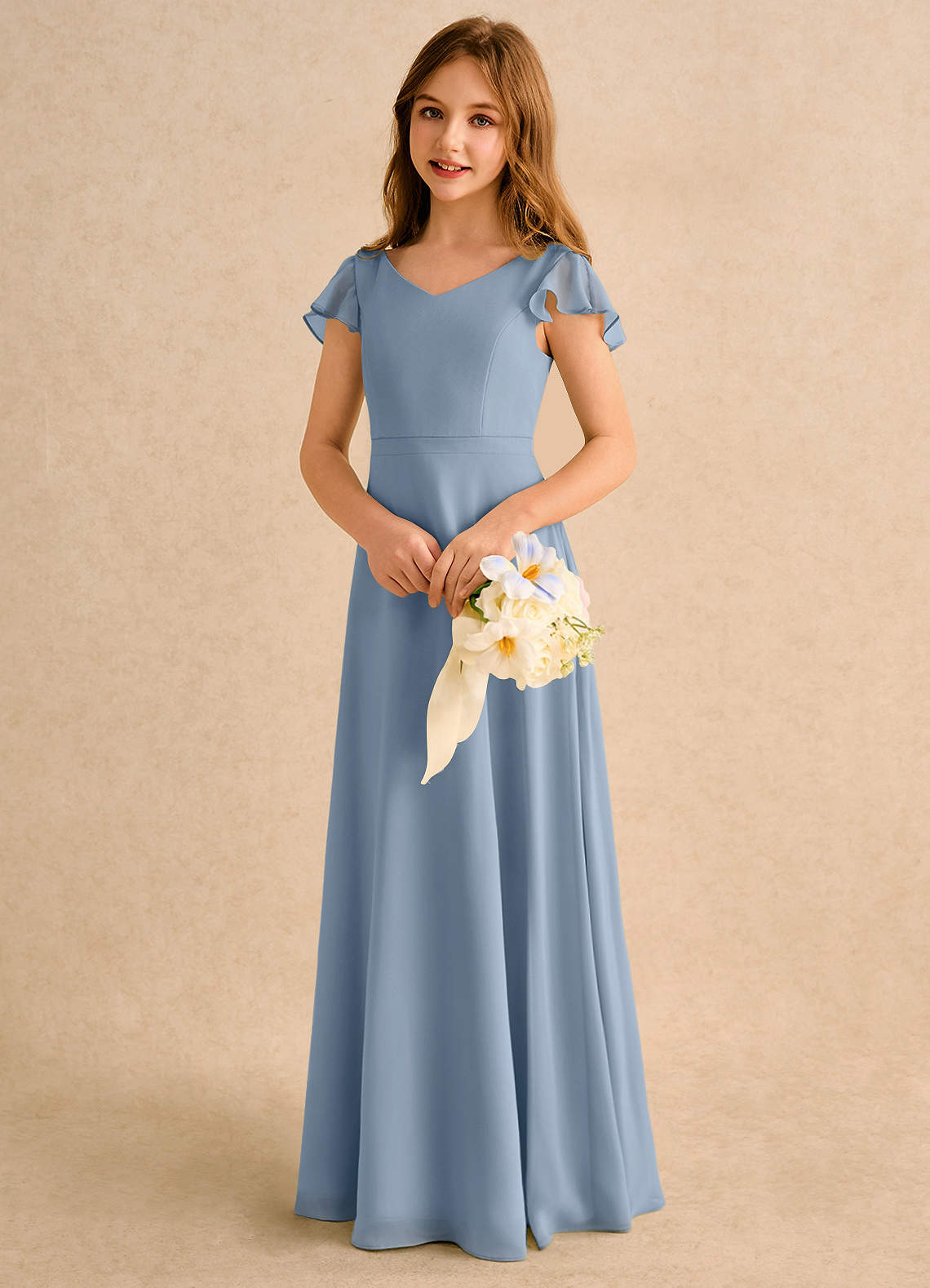 Azazie Nari Girls Formal Kukkatyttöjen mekot A-linja hihallinen Sifonki Lattian pituus Mekko image2