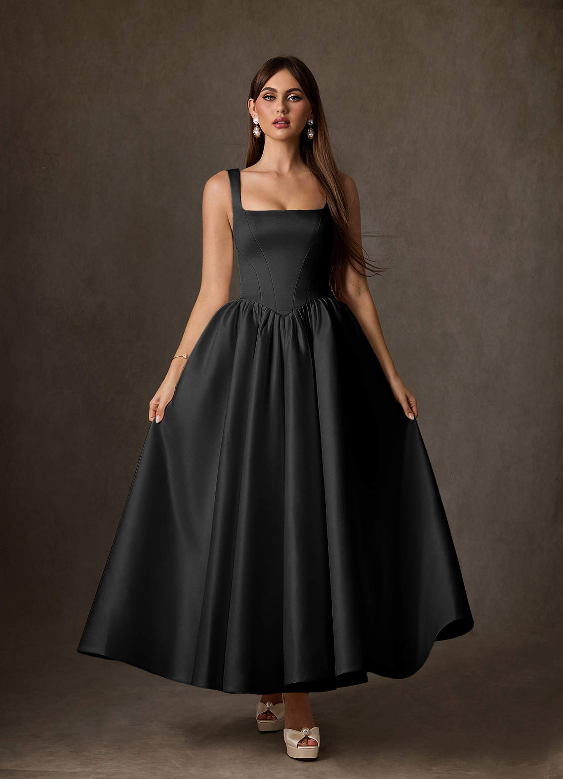 Azazie Verina Wedding Dresses Black A-Line with Pockets Satin Dress image2