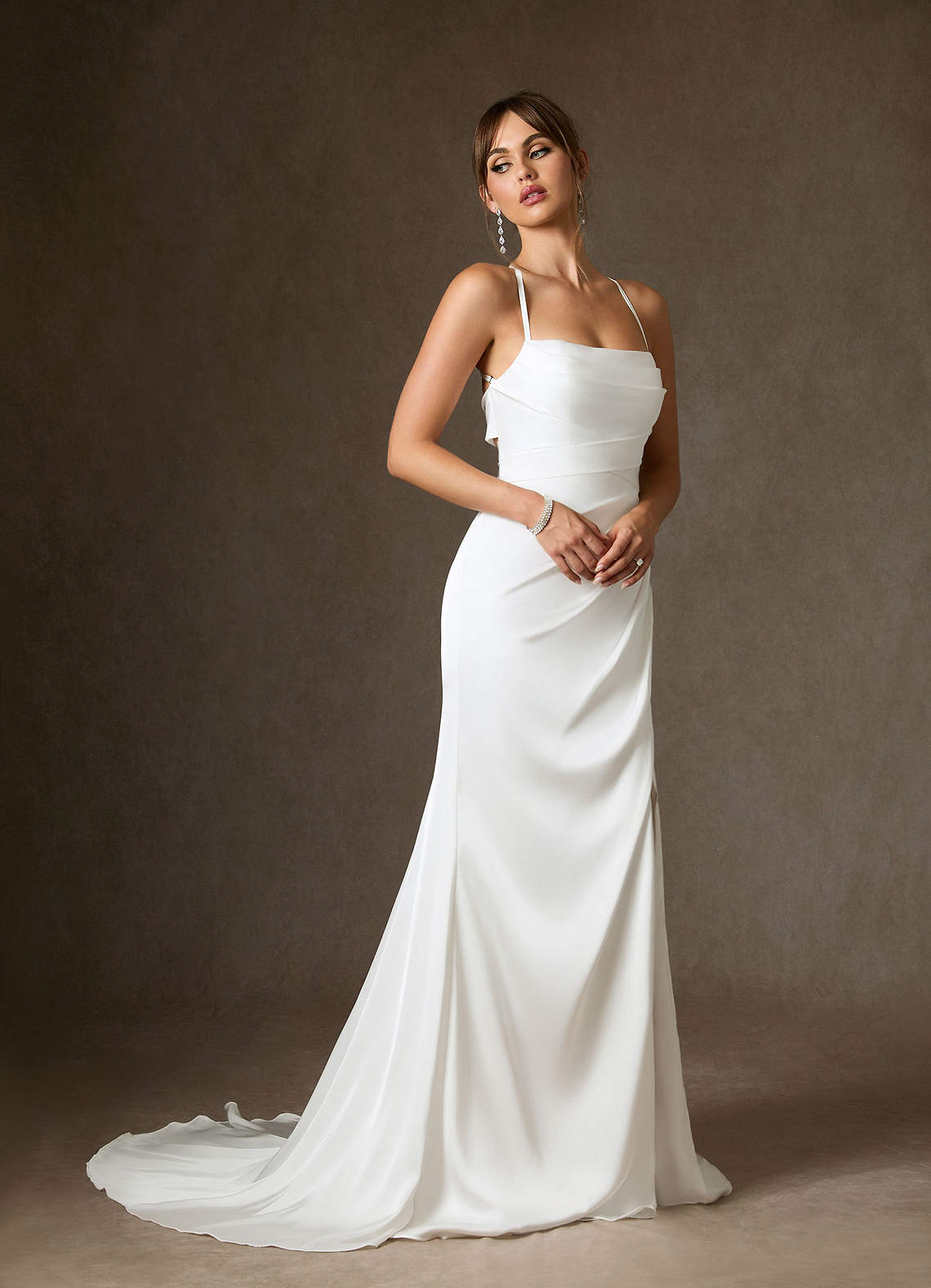 Azazie Kierra At-home Try On Dresses Diamond White Mermaid Pleated Stretch Satin Dress image5