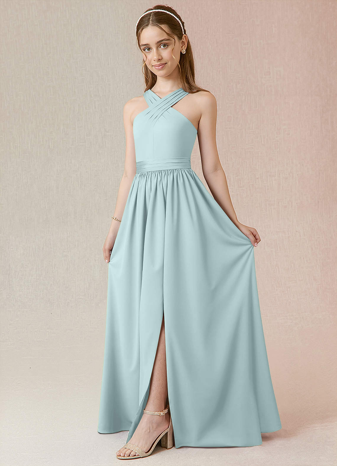 Azazie Jiya Junior Mist A-Line Pleated Stretch Satin Dress image1