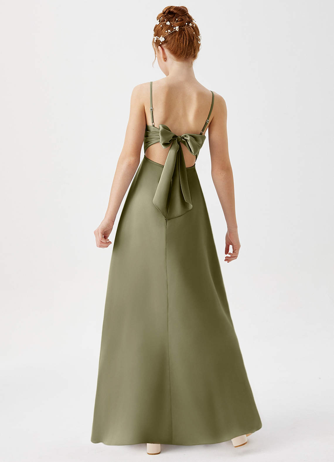 Azazie Shale Junior Pistachio A-Line Stretch Satin Dress image2