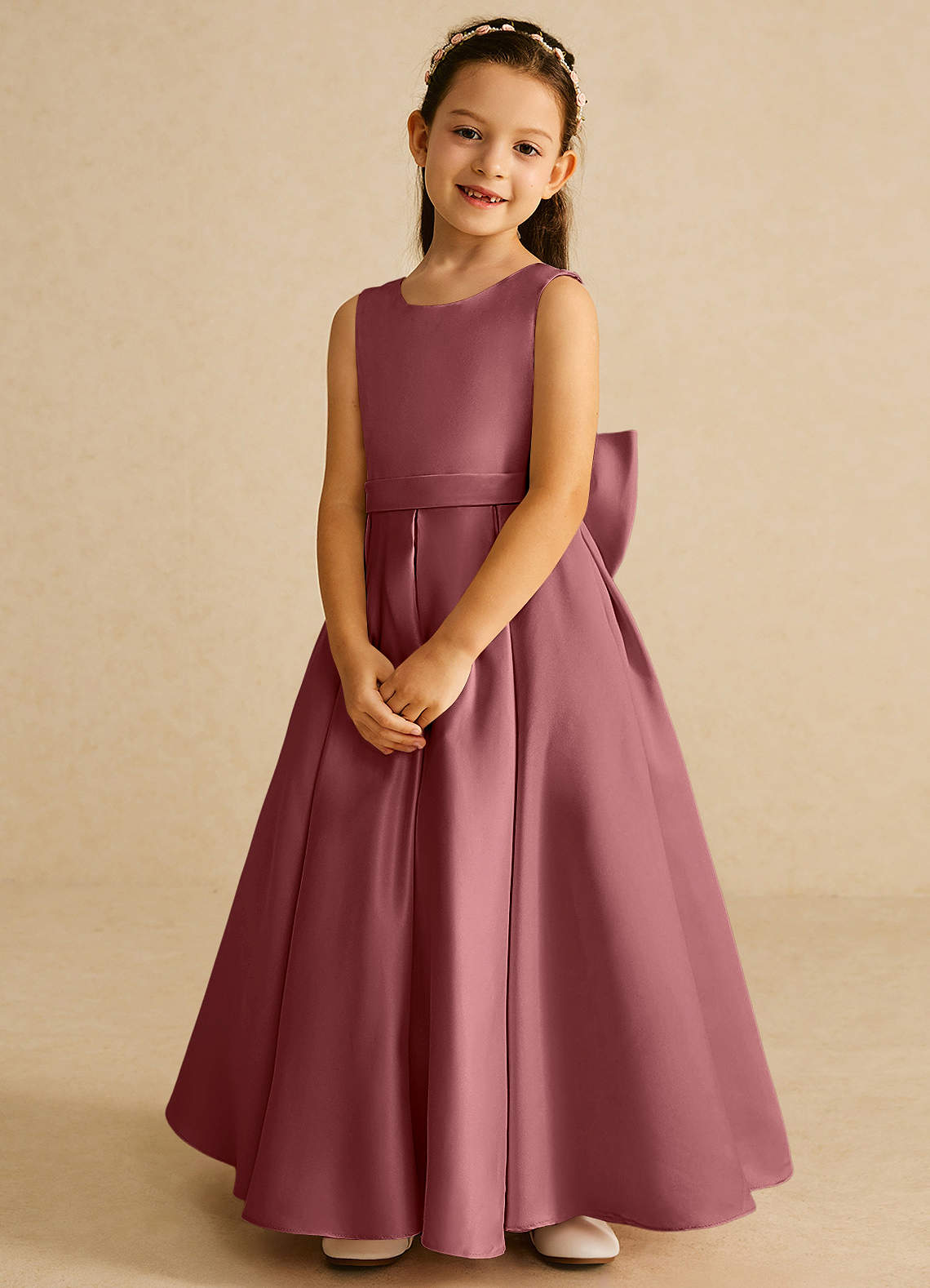 Azazie Pipsy Robe Demoiselle D'honneur Fillette Robe Trapèze en Mat Satiné Arc Améthyste image3