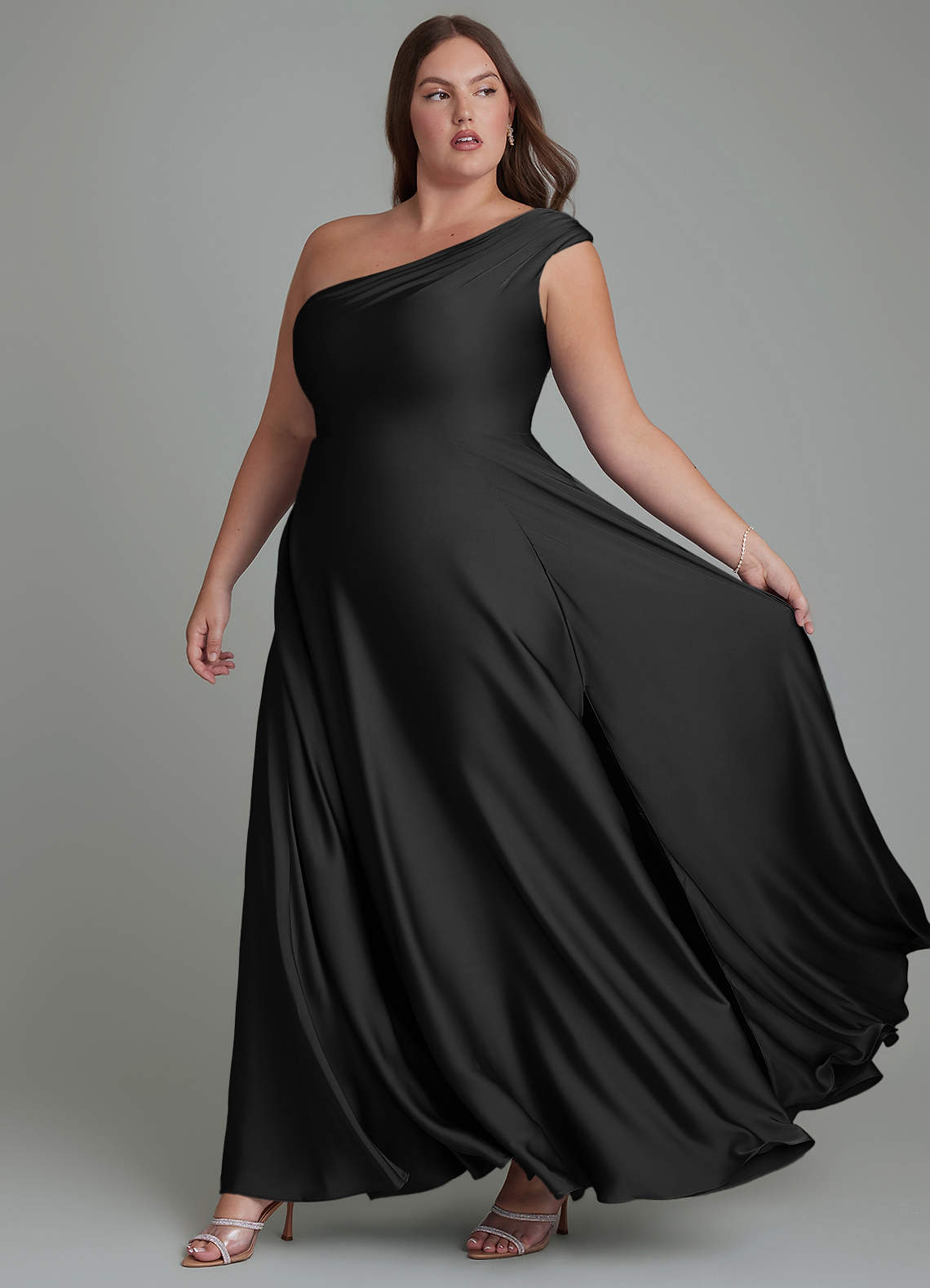 Azazie Melanie Bridesmaid Dresses Black A-Line Off the Shoulder Stretch Satin Dress image9