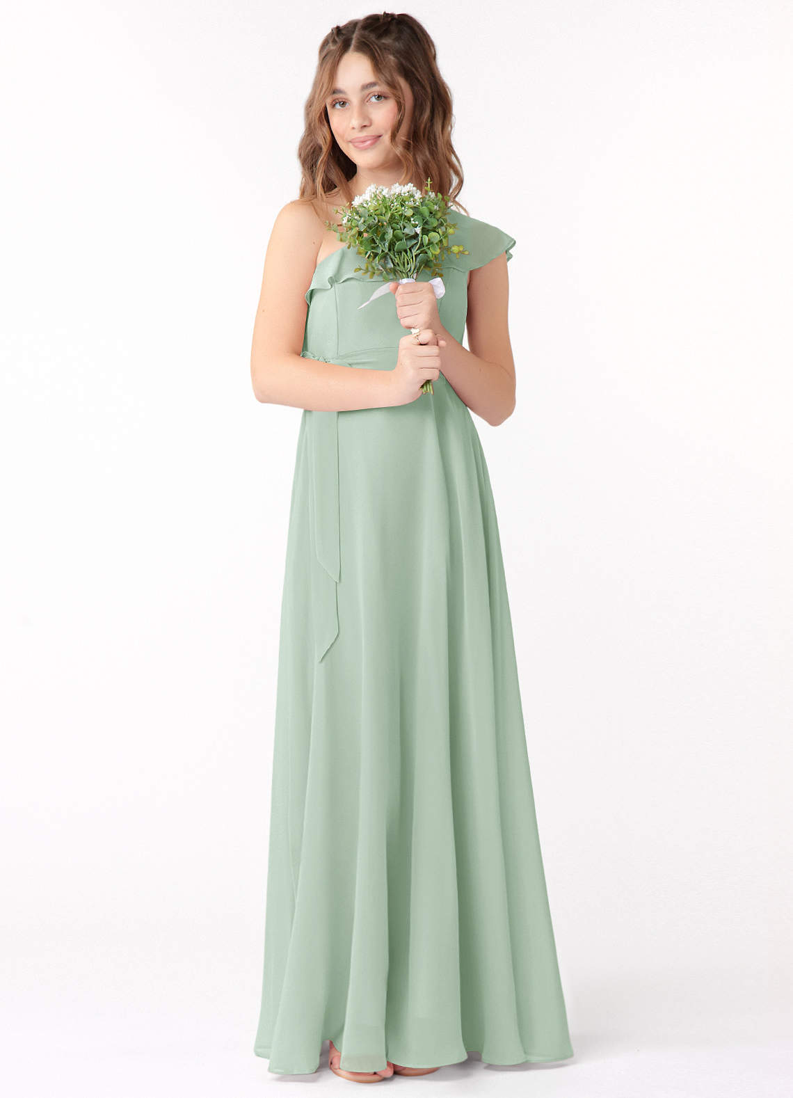 Azazie Eletta Junior Abito A-Line in Chiffon Increspato Agave image1
