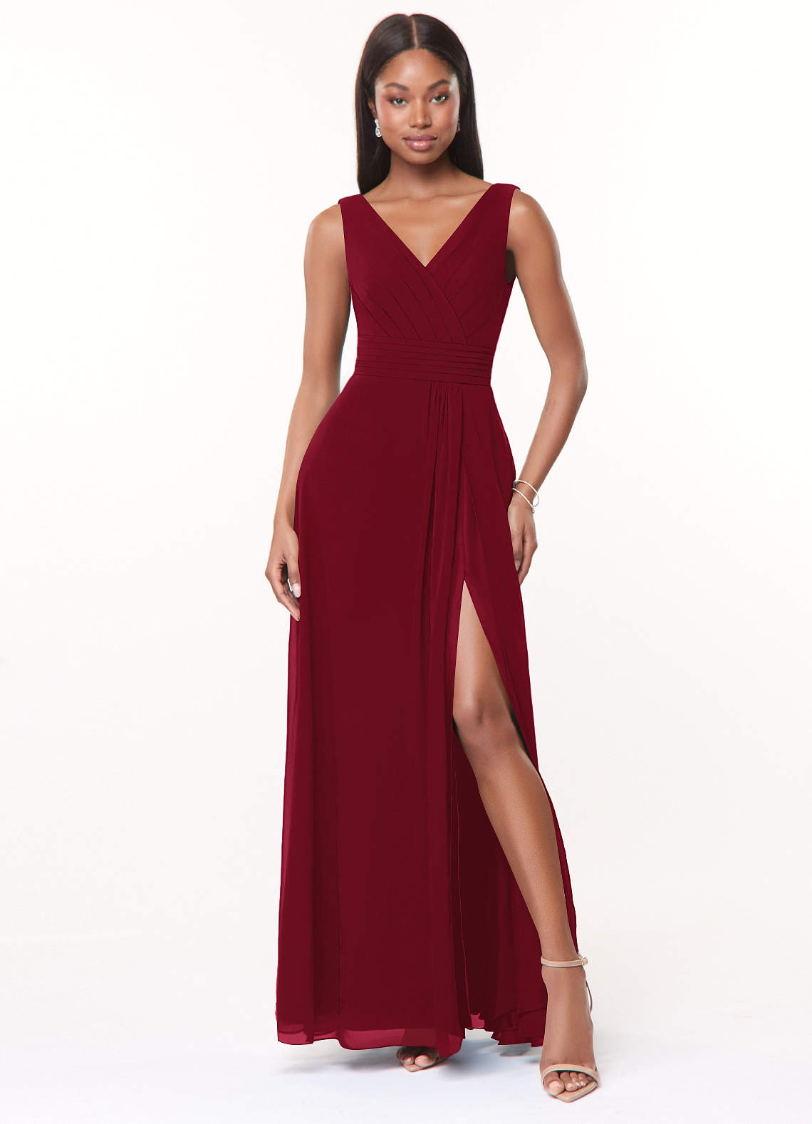Azazie Karina Bridesmaid Dresses Burgundy A-Line Pleated Chiffon Dress image1