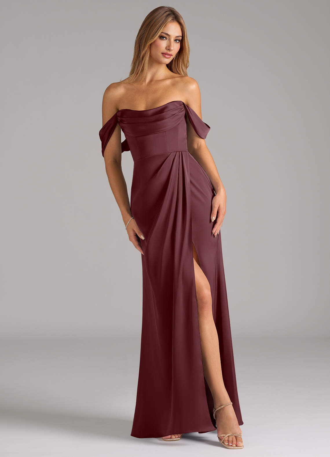 Azazie Johana Bridesmaid Dresses Sangria Mermaid Off the Shoulder Stretch Satin Convertible Dress image1