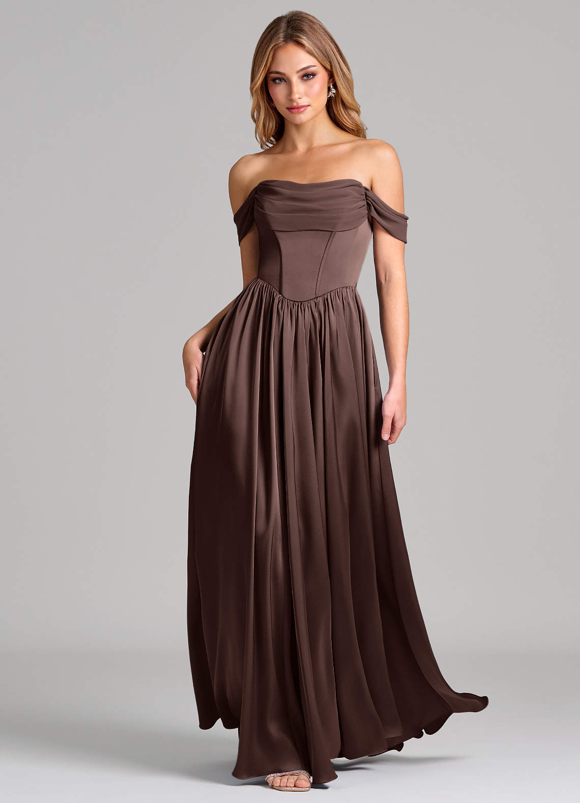 Azazie Raisa Ready to Ship Ganache Stretch Satin Bridesmaid
