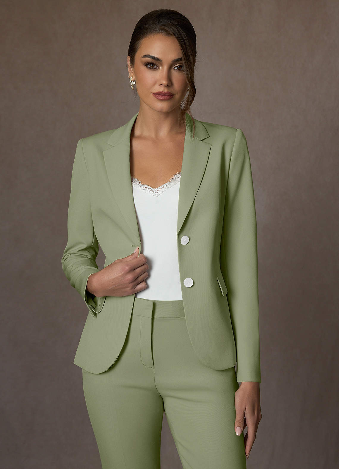 front Whitney Pistachio Structured Stretch Full Length Pants Suit