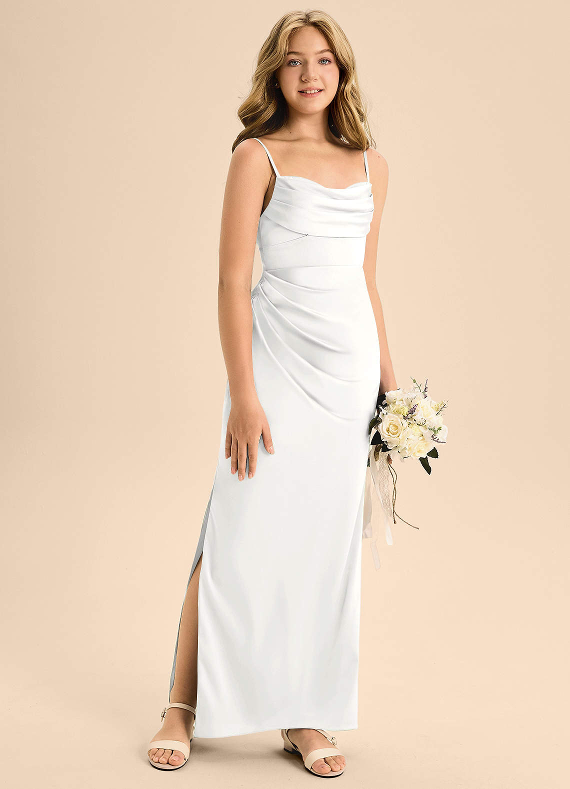 Azazie Mai Junior White Sheath Sweetheart Neckline Stretch Satin Dress image2