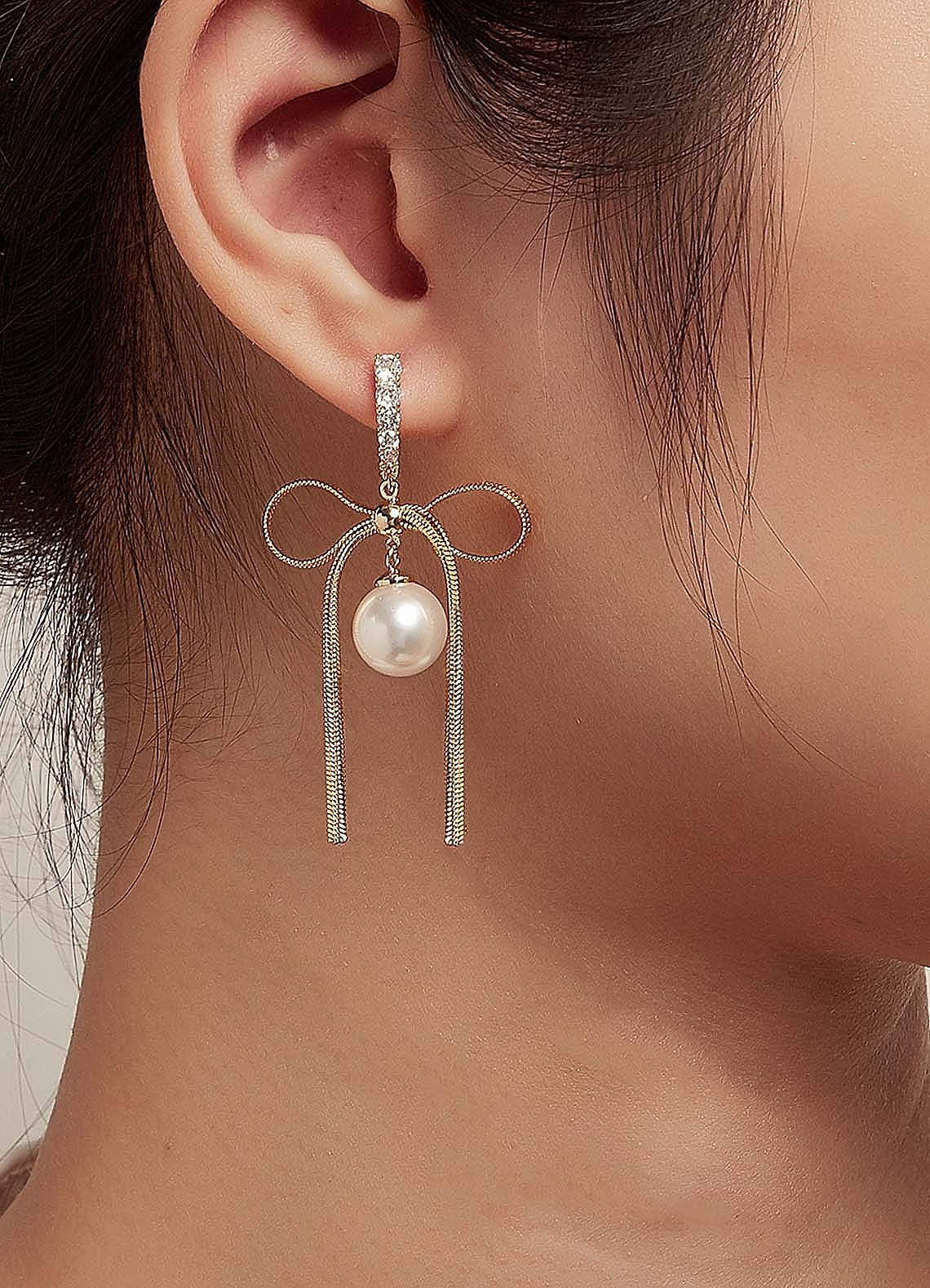 front Bow and Pearl Dangle Earrings
