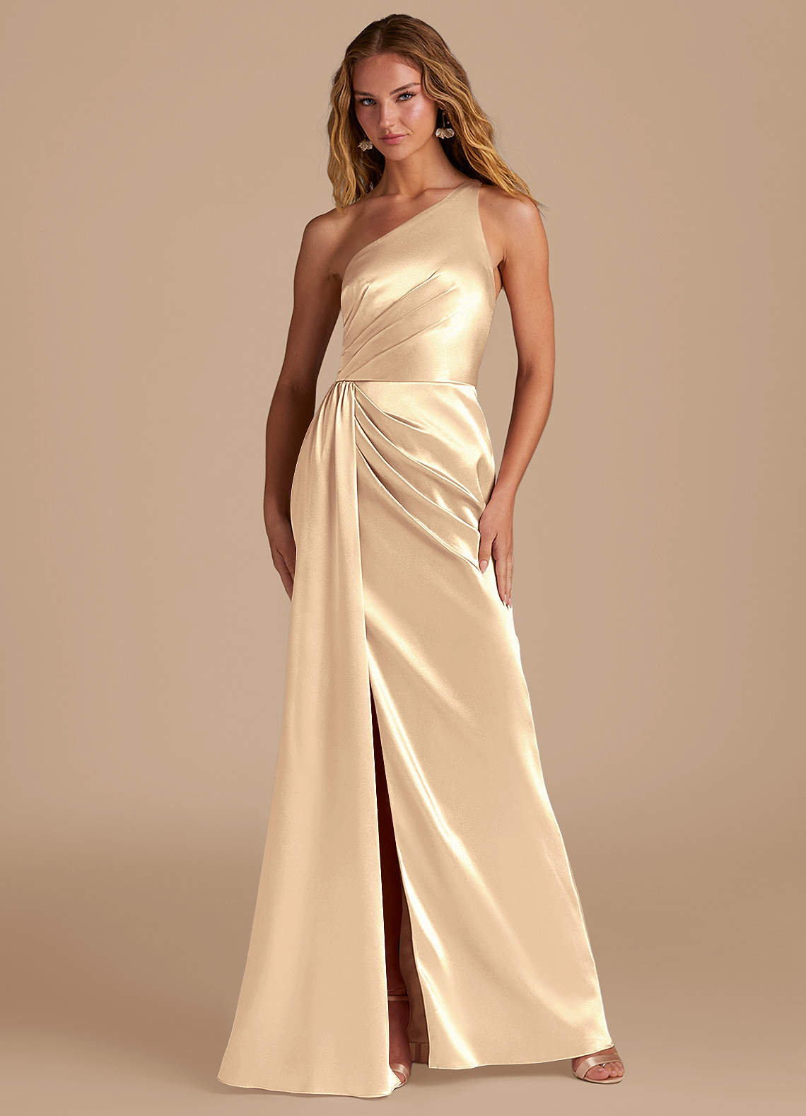 Azazie Mika Bridesmaid Dresses Gold Sheath One Shoulder Metallic Satin Dress image1