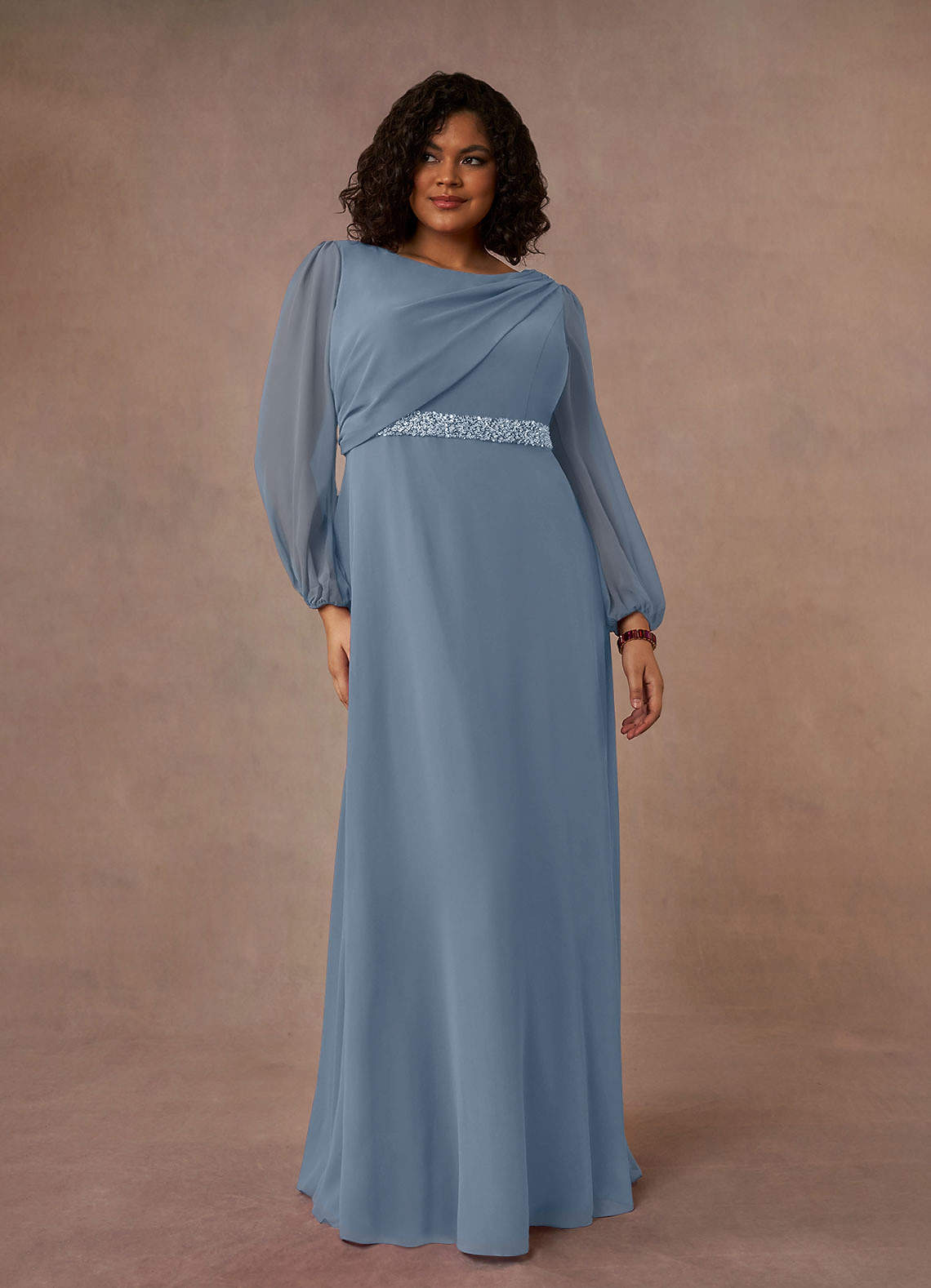 Azazie Priyanka Mother of the Bride Dresses Dusty Blue A-Line Boatneck Pleated Chiffon Dress image1