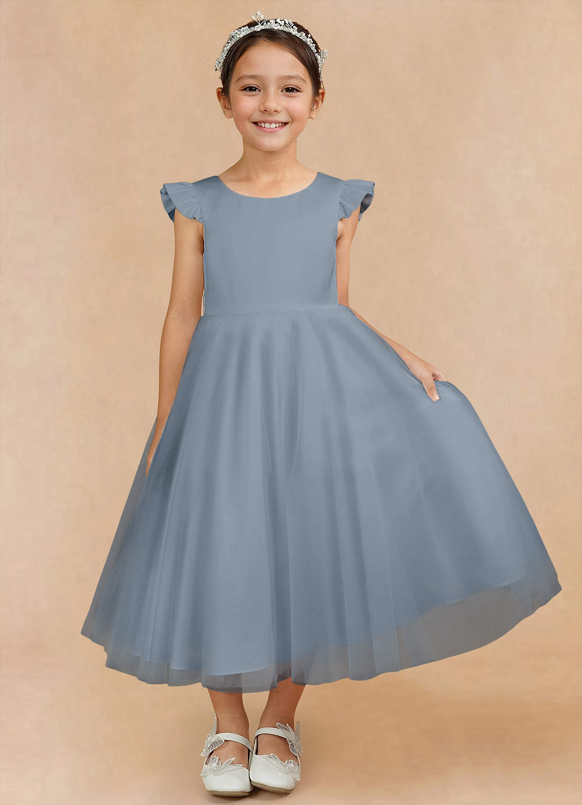 Azazie Hemi Flower Girl Dresses Dusty Blue A-Line Bow Tulle Dress image5