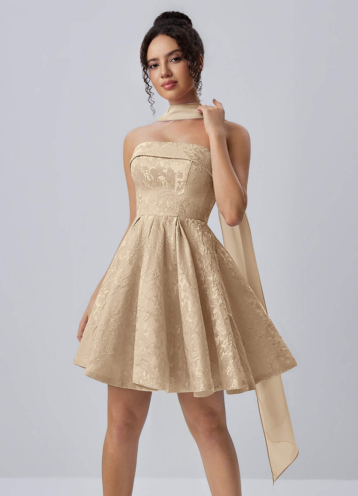 champagne mini dress Shaken Not Stirred Cut-Out Waist Pleat Detail 32 Waist Adira Mini Dress - Champagne,
