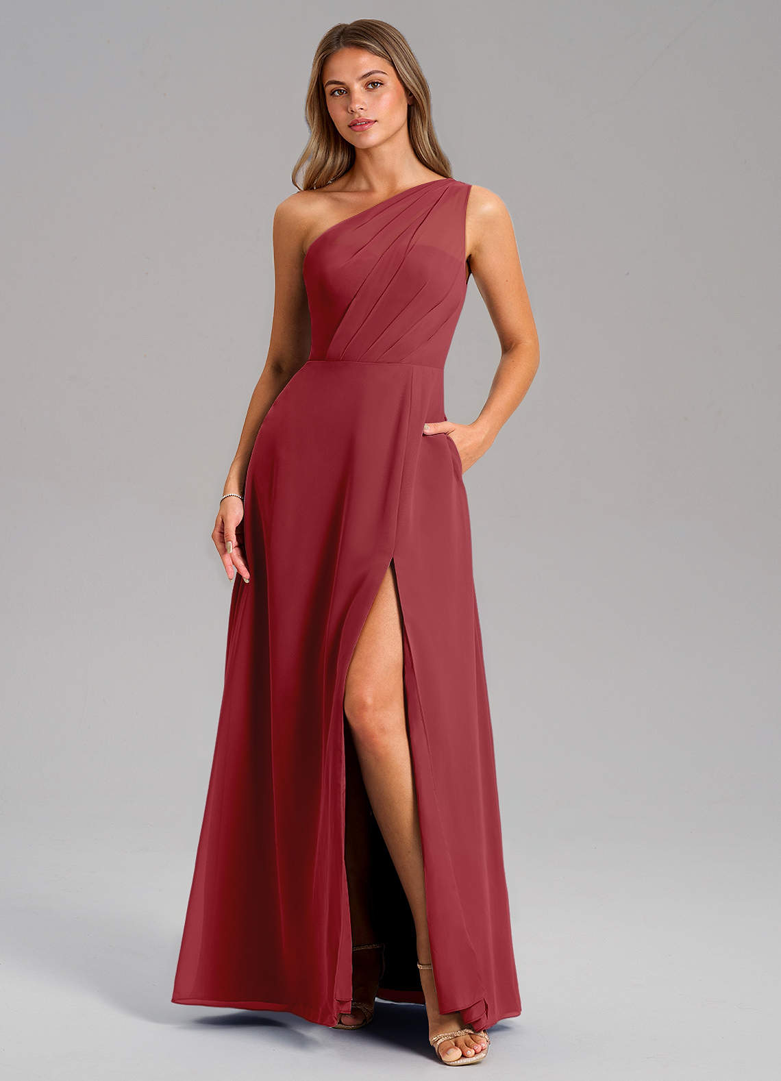 Azazie Phaedra Vestidos de madrinha de casamento Vestido Romã de Chiffon de Linha A com Um ombro image1