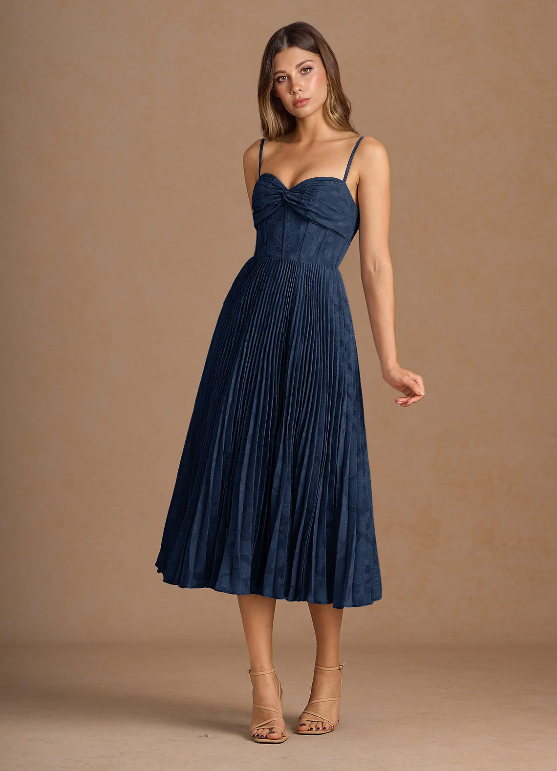 Annie Navy Pleated Midi Dress | Azazie