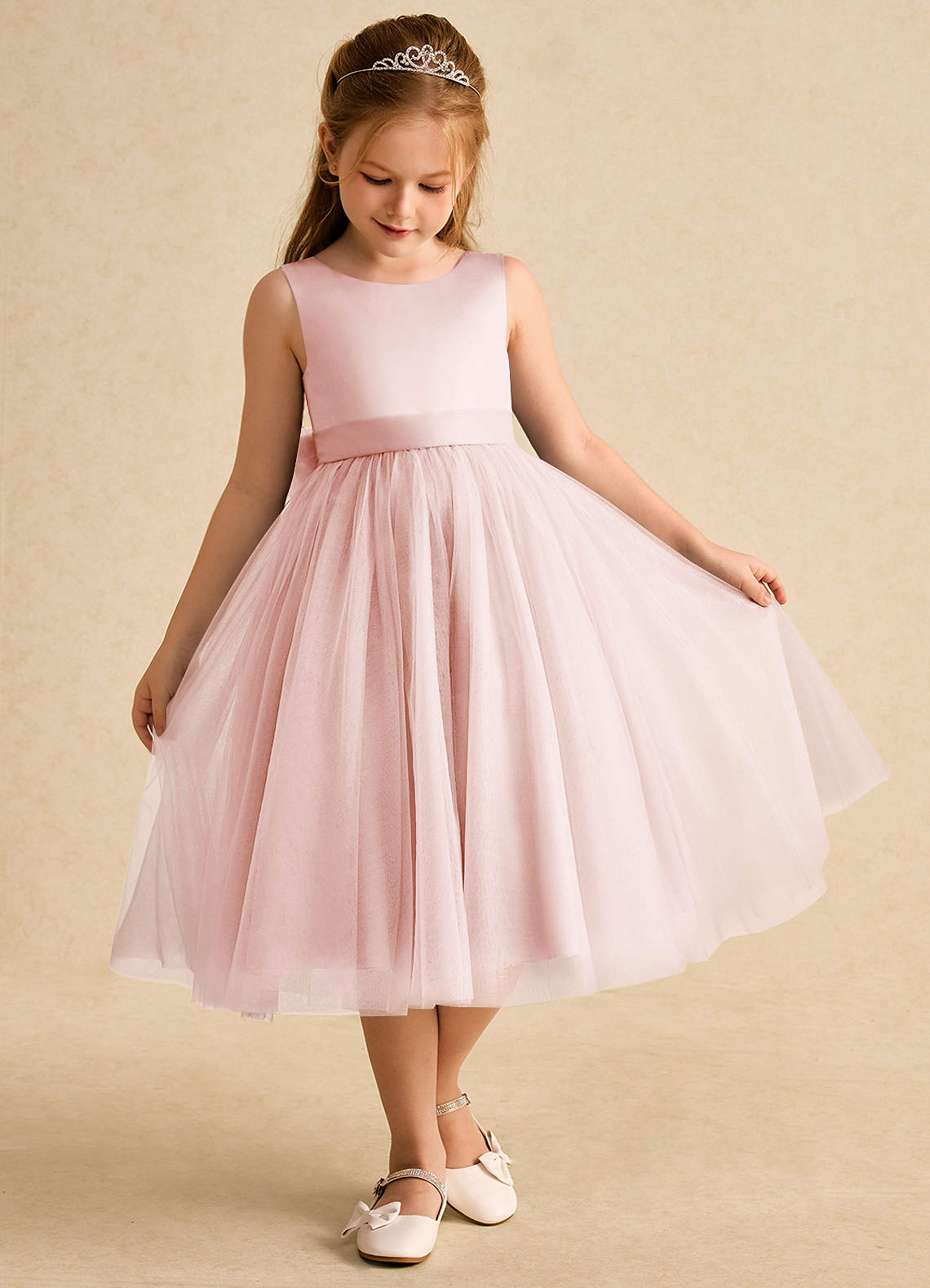 Azazie Winnie Abiti da Ragazza di Fiori Abito Principessa in Tulle Fiocco Rosa Rossore image1