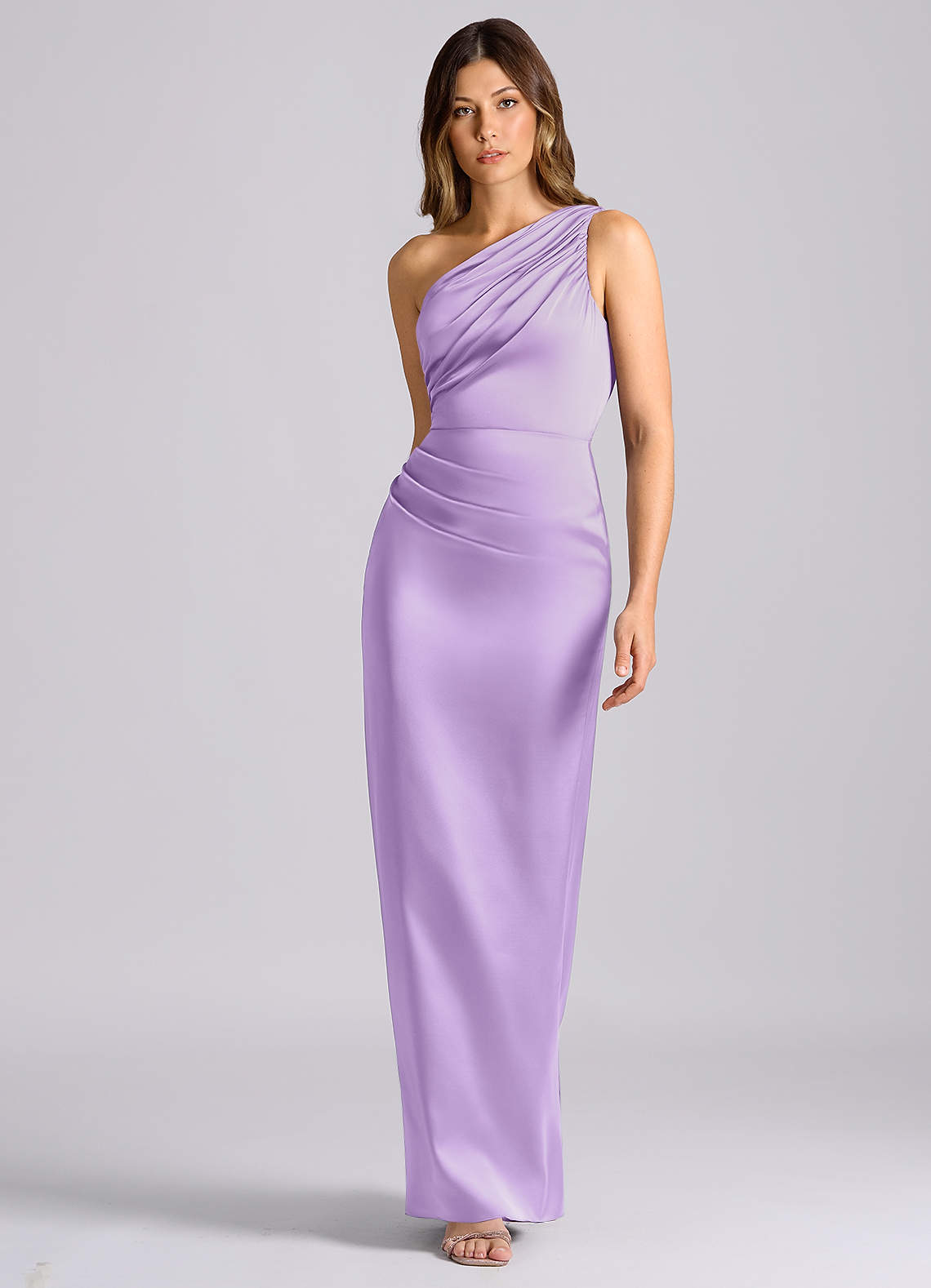 Azazie Akilah Bridesmaid Dresses Lilac Mermaid One Shoulder Stretch Satin Dress image3