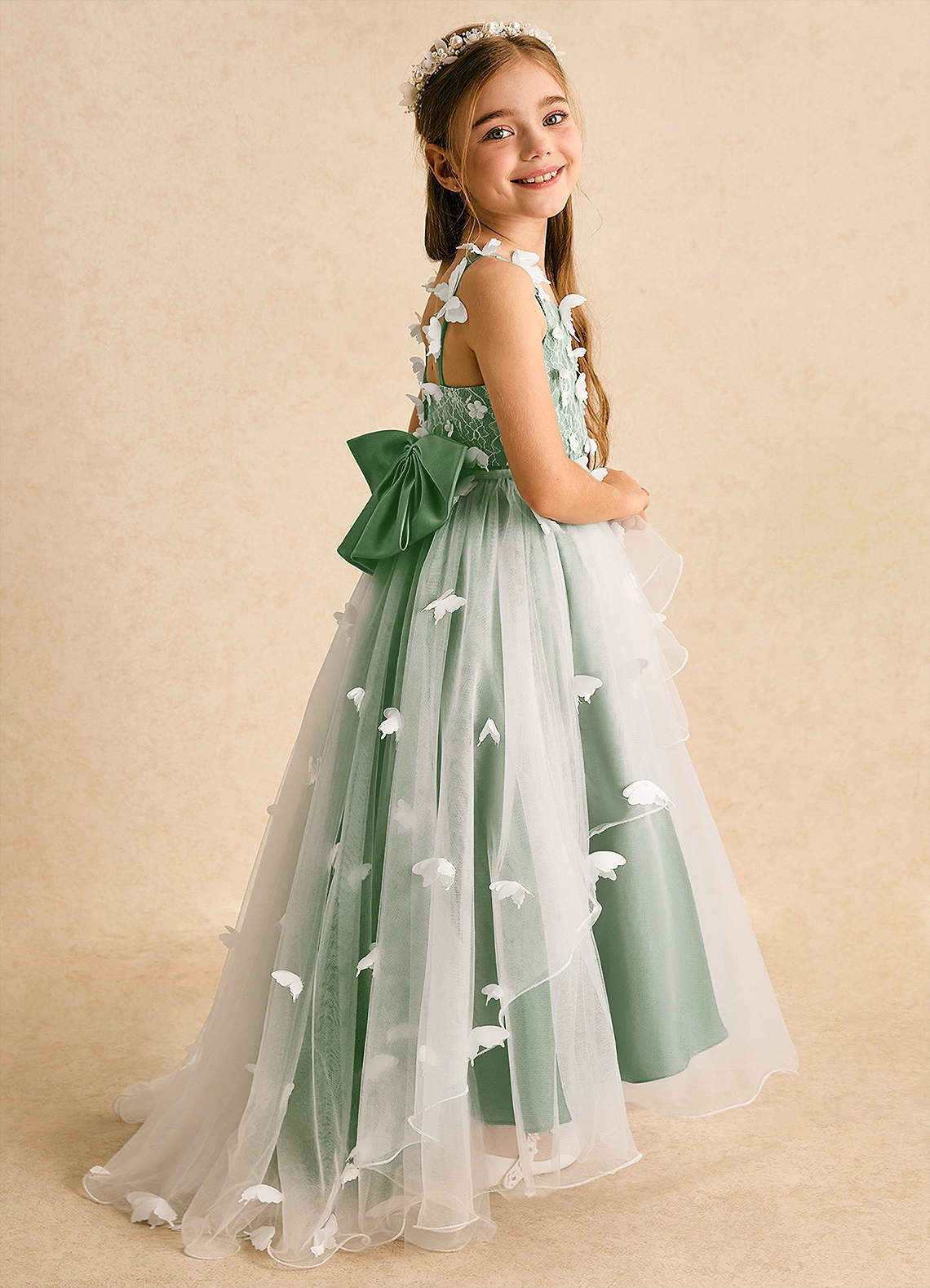 Azazie Darlina Robe Demoiselle D'honneur Fillette Robe Princesse en Tulle Dentelle Ivoire Matcha image1