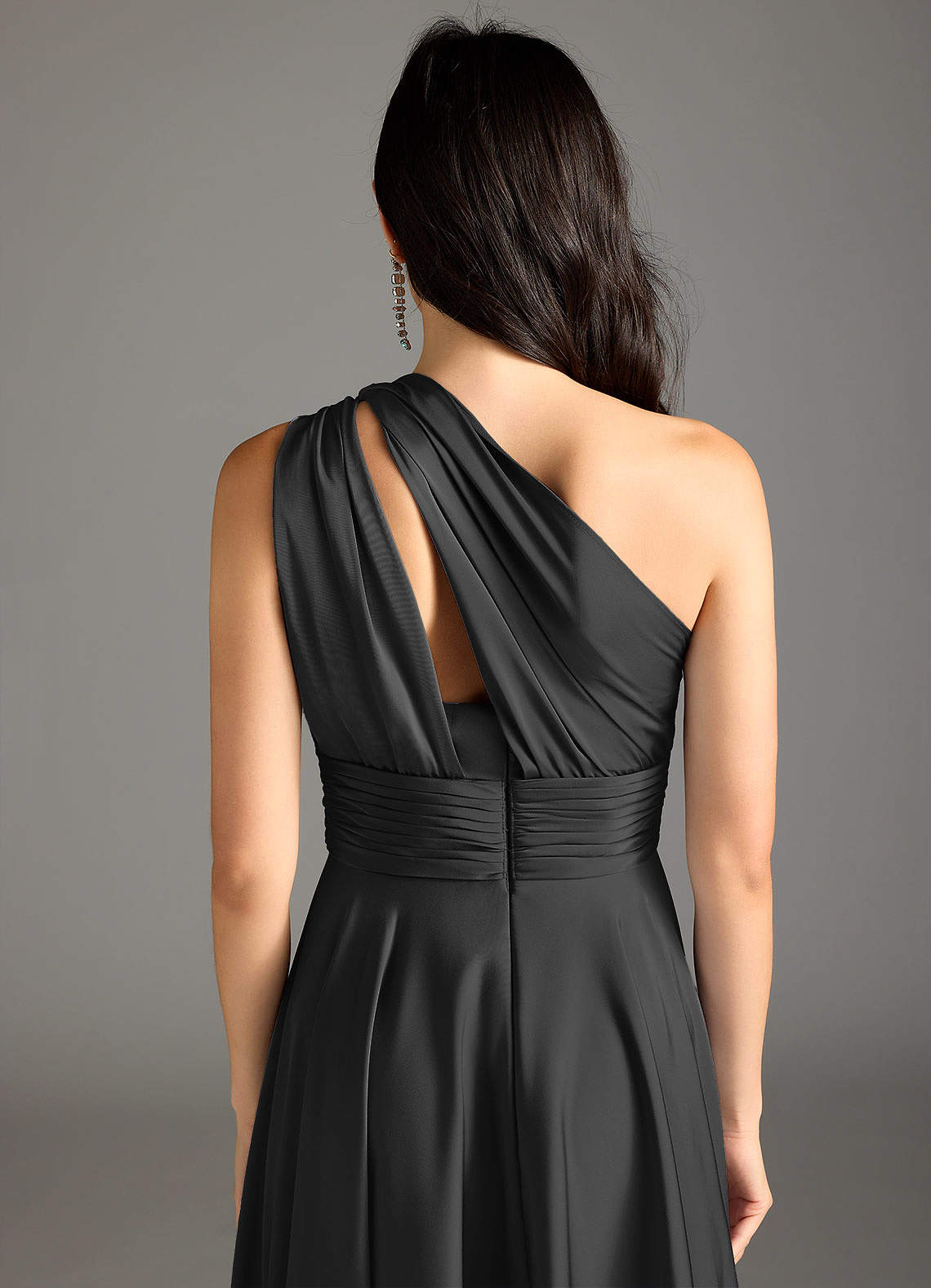 Azazie Charlize Bridesmaid Dresses Black A-Line One Shoulder Stretch Satin Dress image7