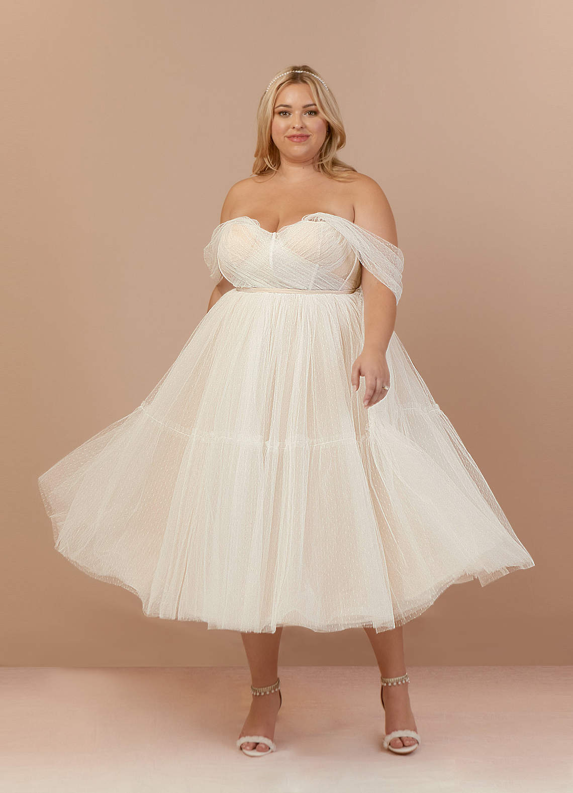 Azazie Vienna Wedding Dresses Diamond White Champagne A-Line Off-The-Shouler Tulle Dress image8