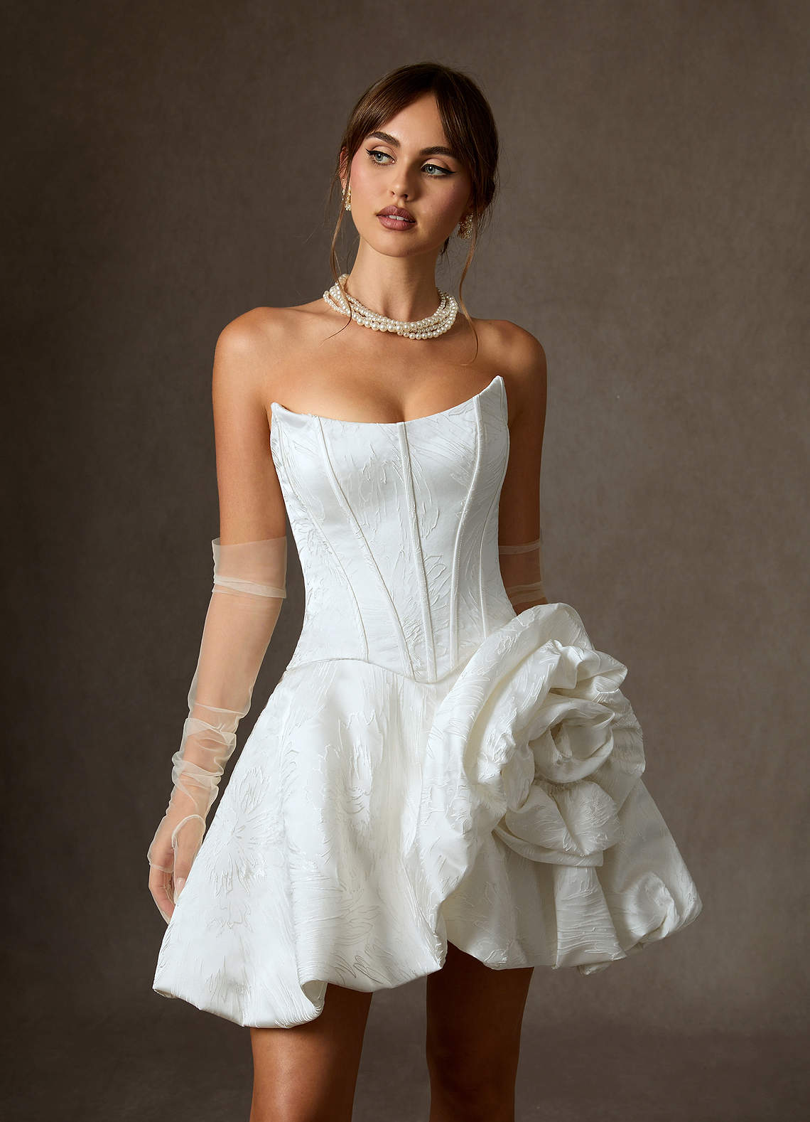 Azazie Kloe Abiti da Sposa Abito Principessa in Jacquard Floreale Senza Cinturino Bianco Diamante image6