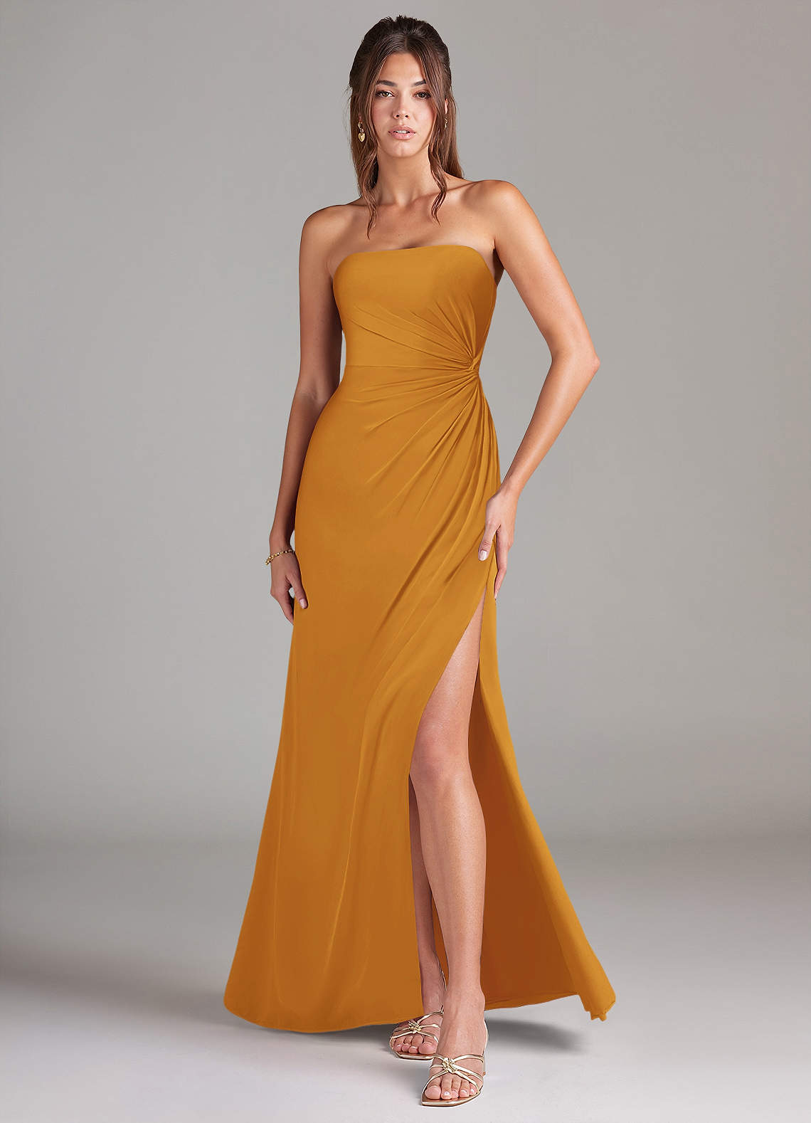butterscotch yellow bridesmaid dress Azazie Julianne