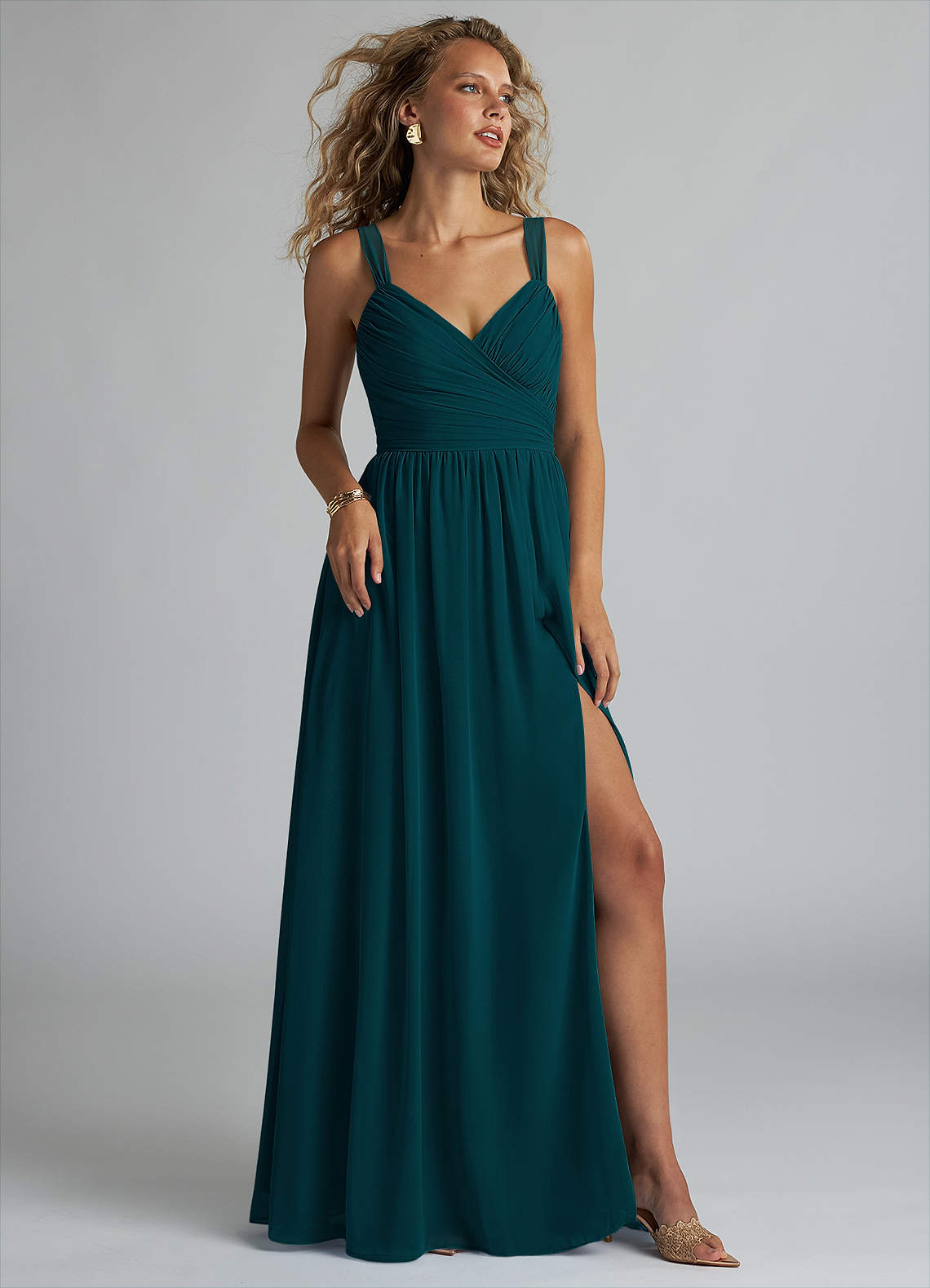 Azazie Aziza Bridesmaid Dresses Pine A-Line V-Neck Pleated Chiffon Dress image1