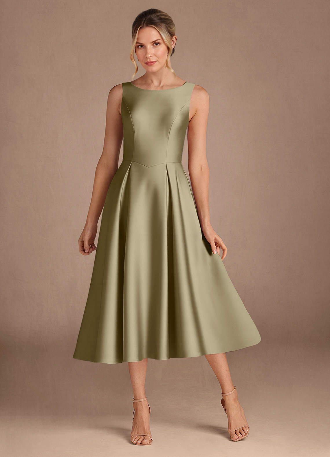 Azazie Fulton Mother of the Bride Dresses Moss Green A-Line Pleated Stretch Satin Dress image1