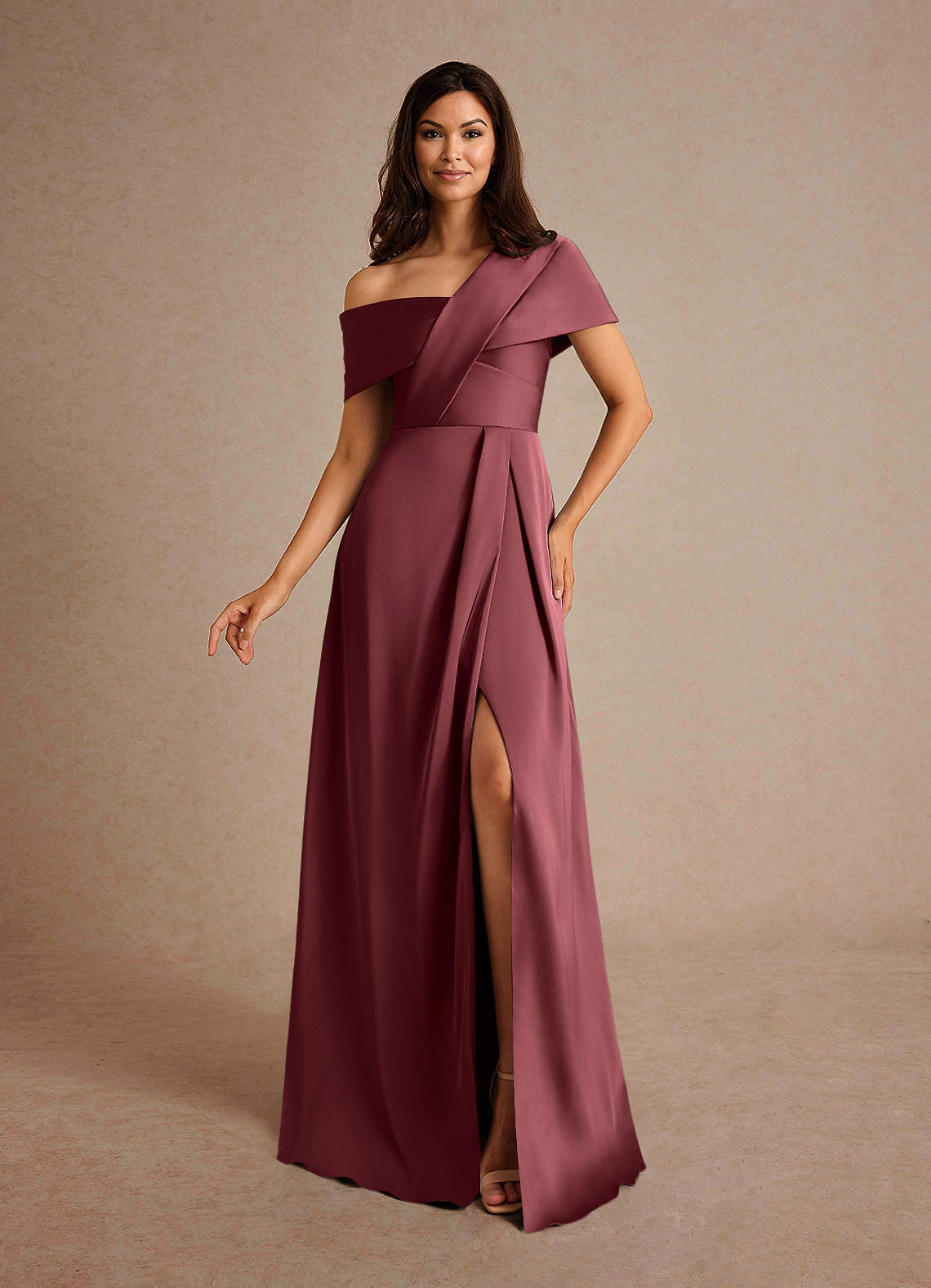 Azazie Milton vestidos de madre de la novia Vestido de Merlot de Satén Elástico de Corte En A con Plisado image1