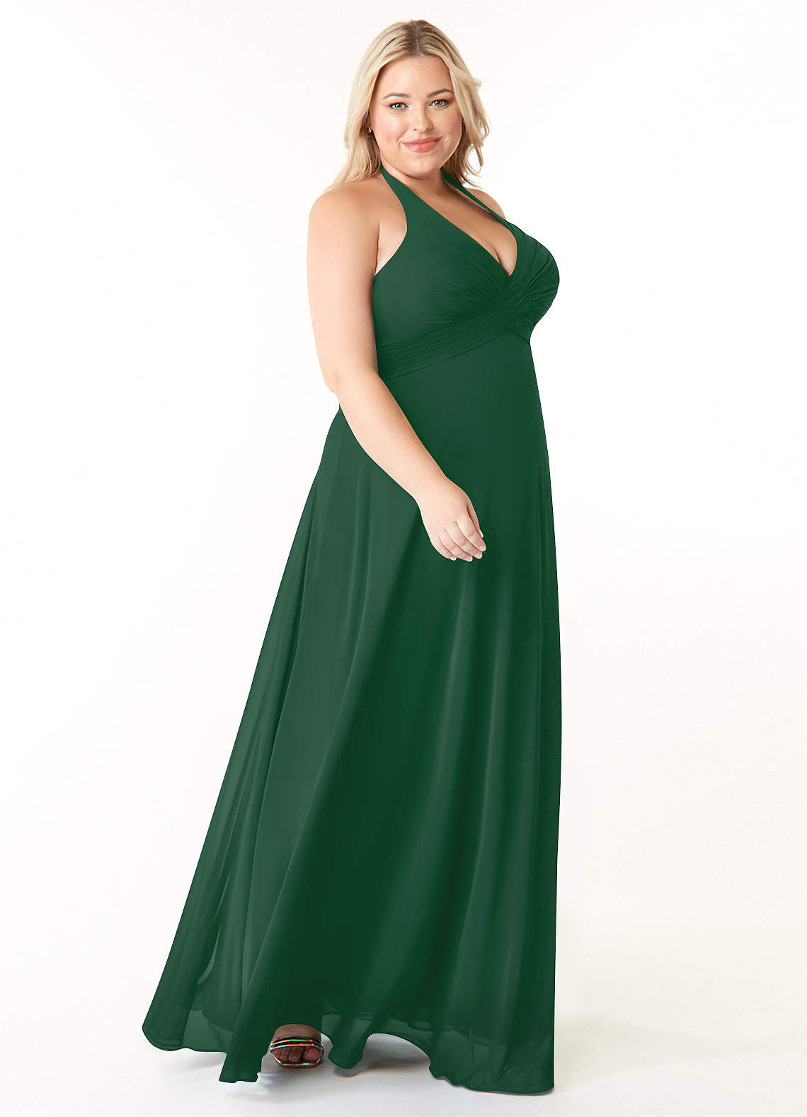 Azazie Tessie Vestidos de damas de honor Vestido de Verde Oscuro de Gasa de Corte en A con Cuello en V plisado image7