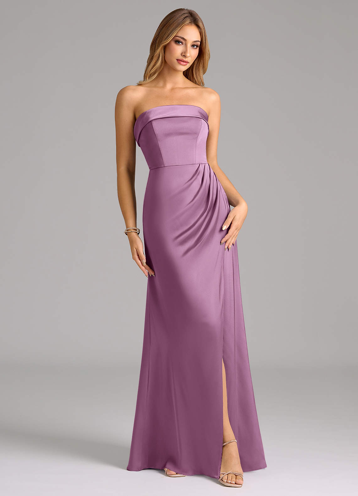 Azazie Aretha Brautjungfernkleider Wandelbar A-Linie Schulterfrei Stretch-Satin Kleid Blauregen image1