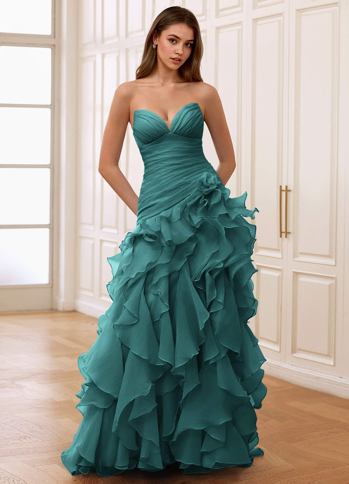 Christabelle Peacock Sweetheart Ruffled Chiffon Dress | Azazie