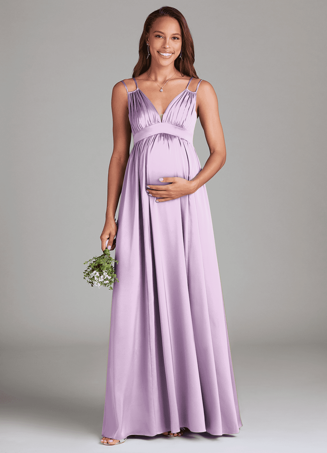 Azazie Emree Maternity Bridesmaid Dresses A-Line Stretch Satin Floor-Length Dress with Pockets image1